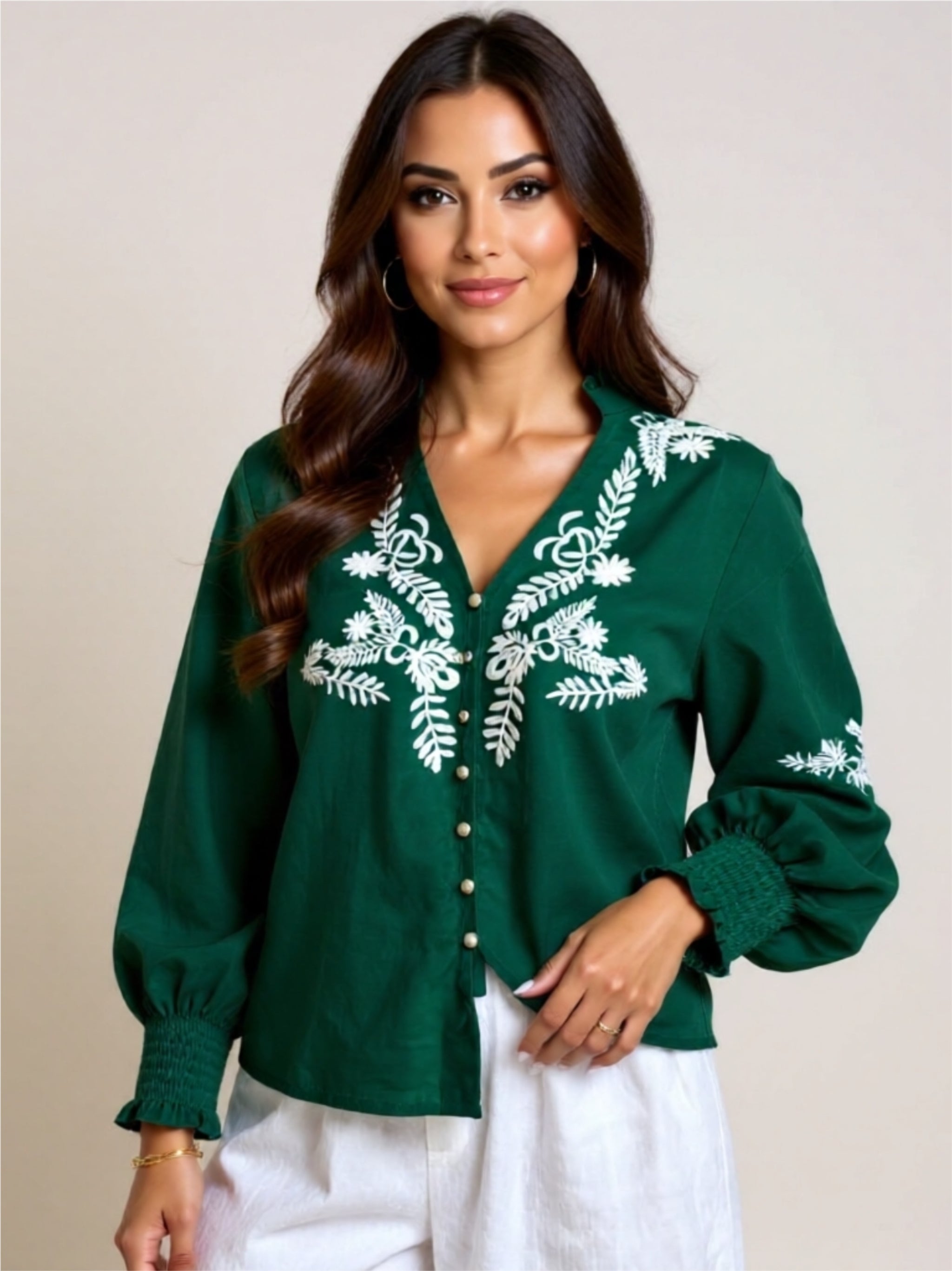 Embroidered Button-Up Blouse