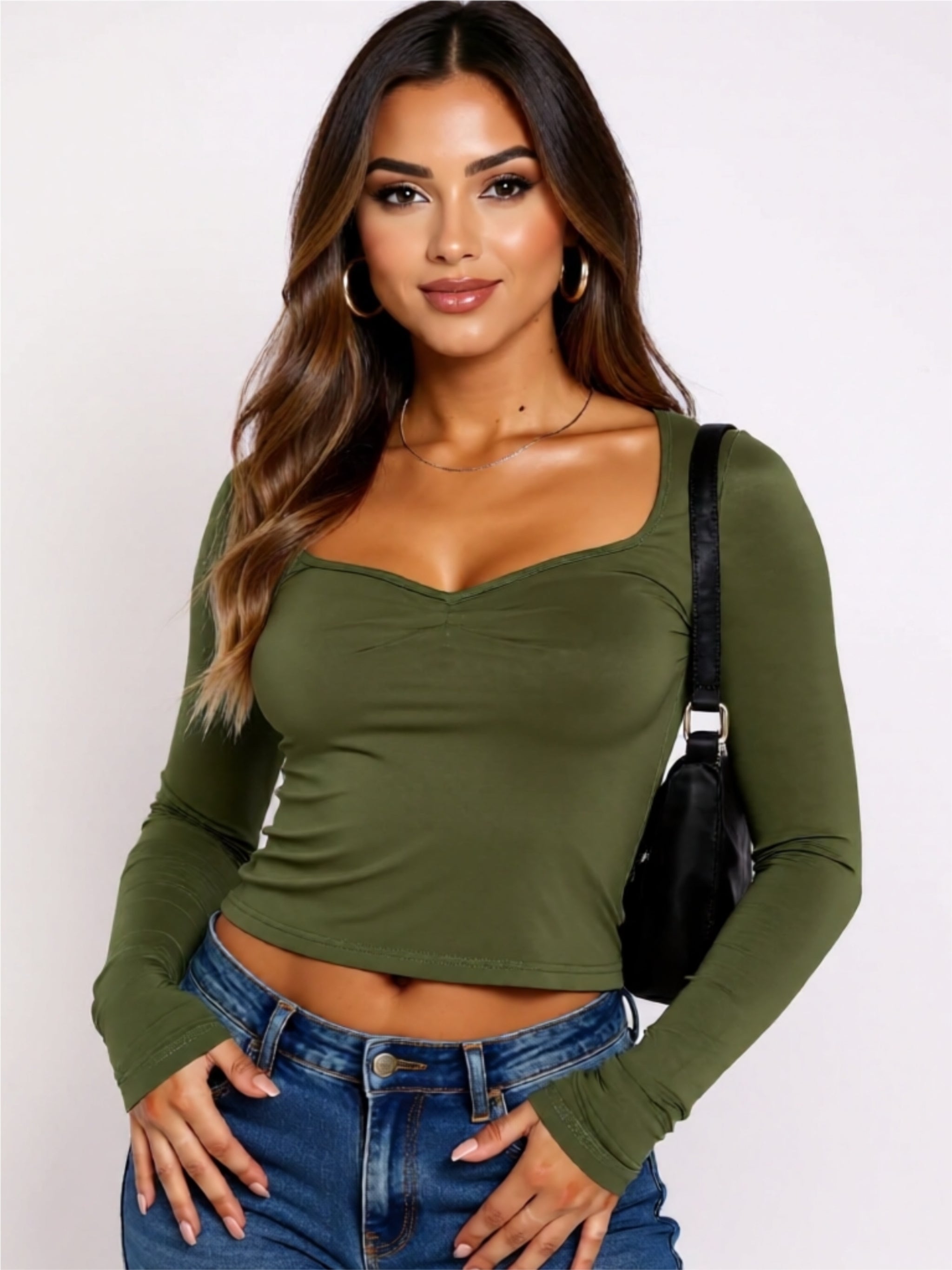 Sweetheart Neck Ruched Long Sleeve Top