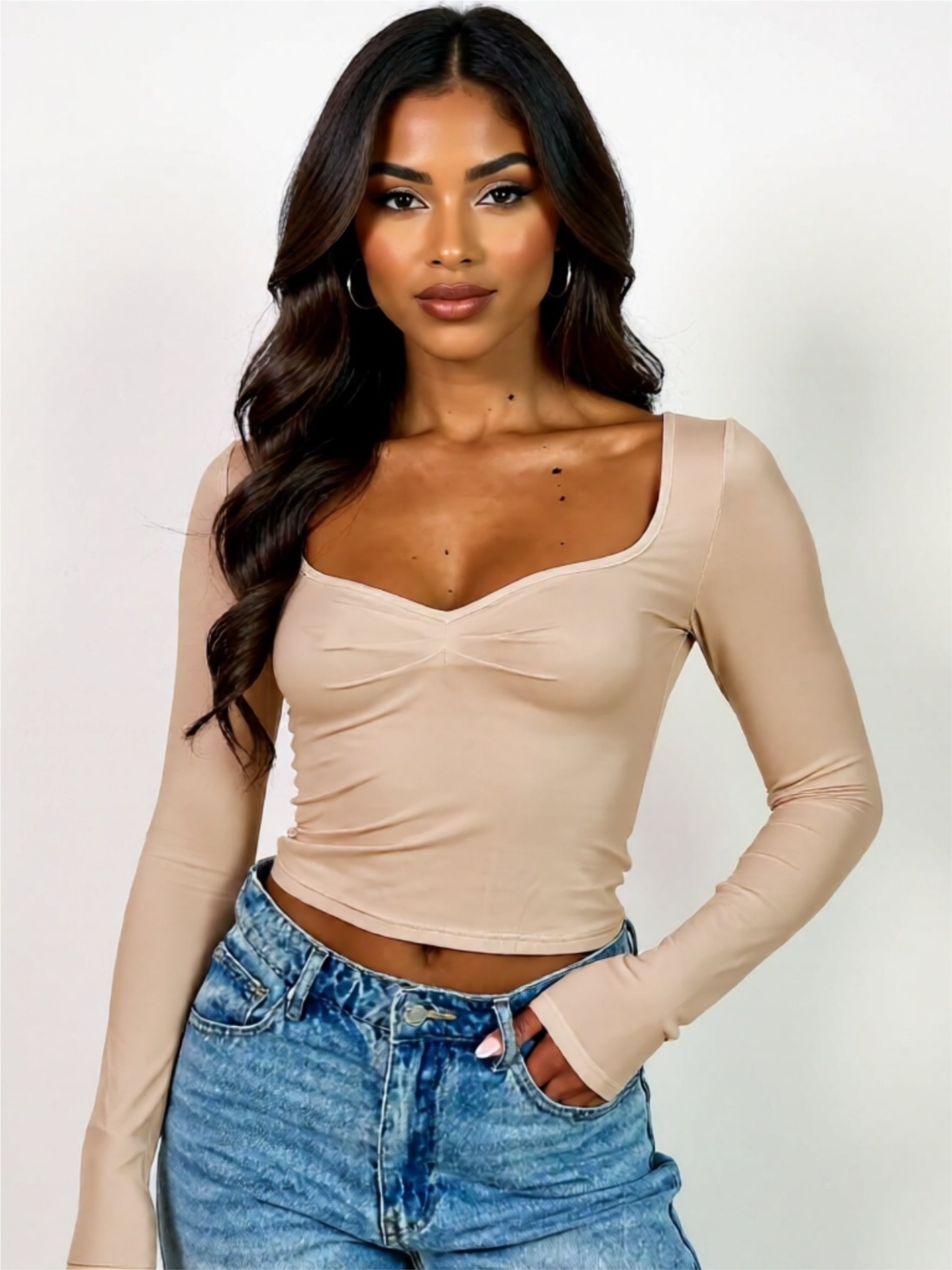 Sweetheart Neck Ruched Long Sleeve Top