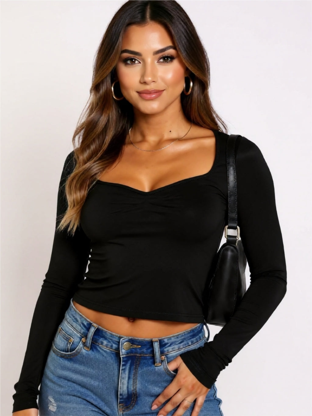 Sweetheart Neck Ruched Long Sleeve Top