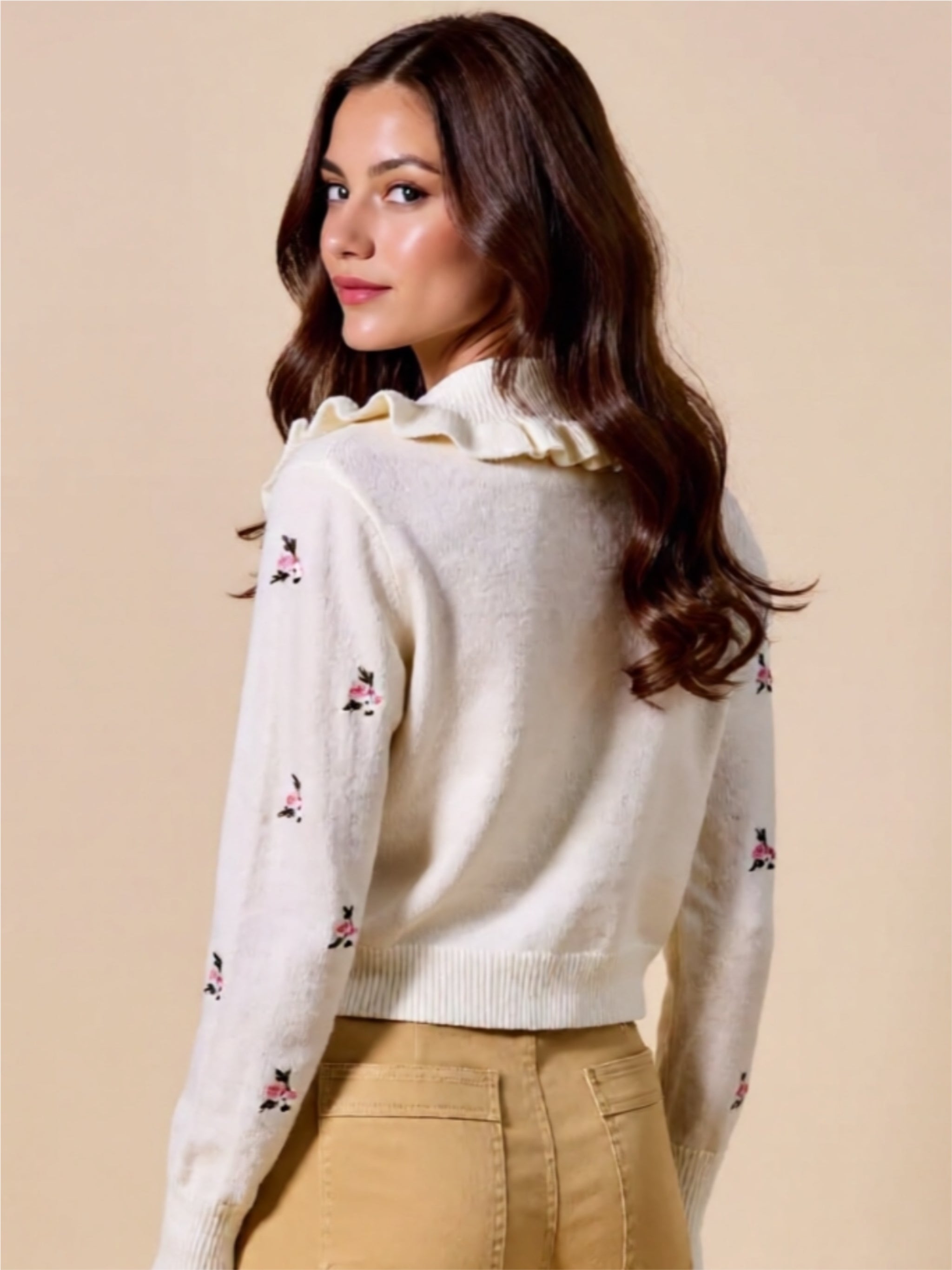 Collared Floral Embroidered Button-Down Cardigan