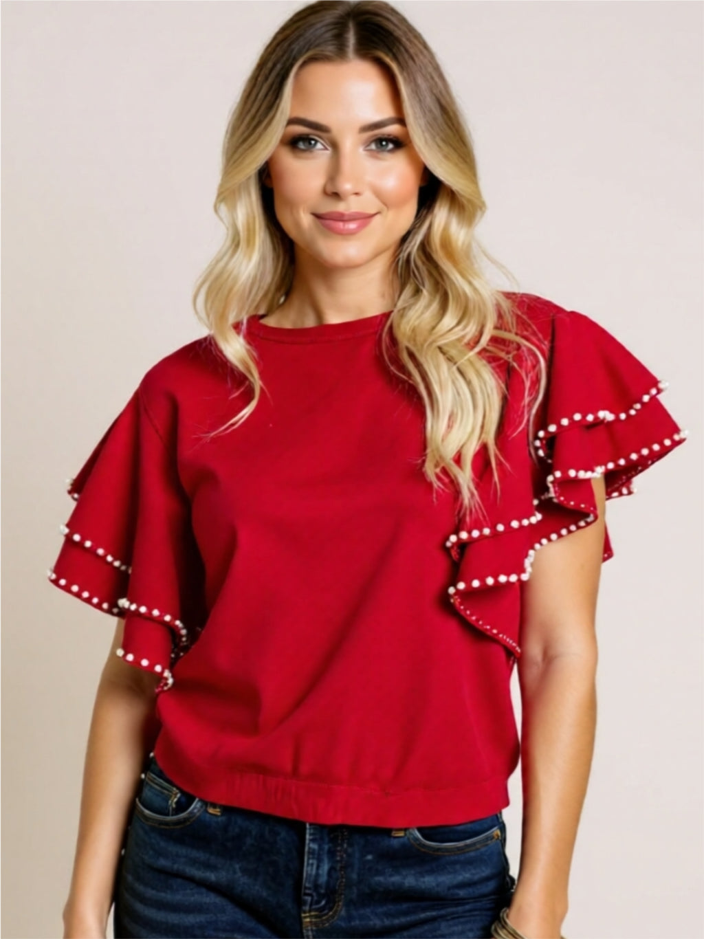 Red Ruffled Layered Sleeve Top