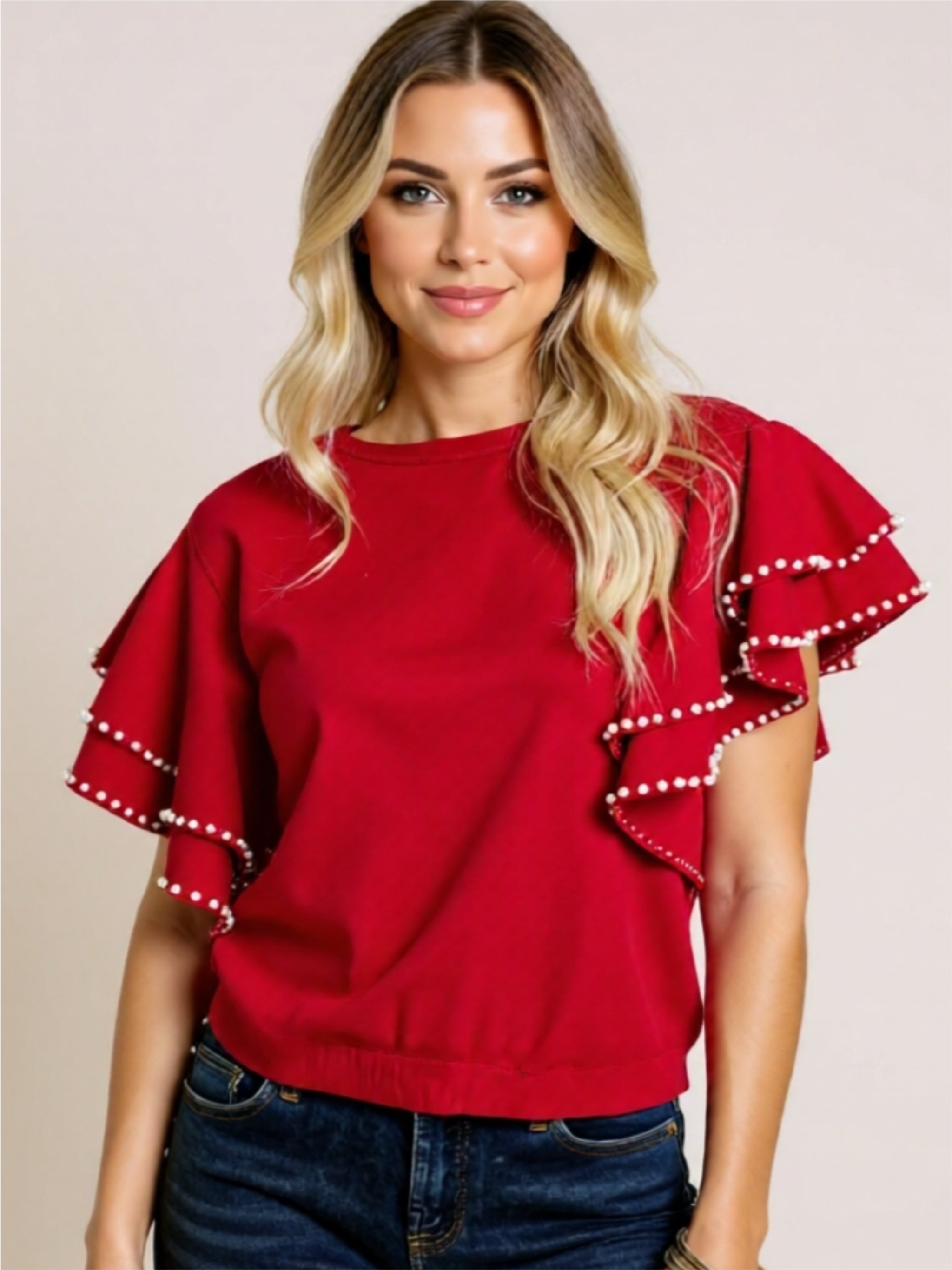 Red Ruffled Layered Sleeve Top