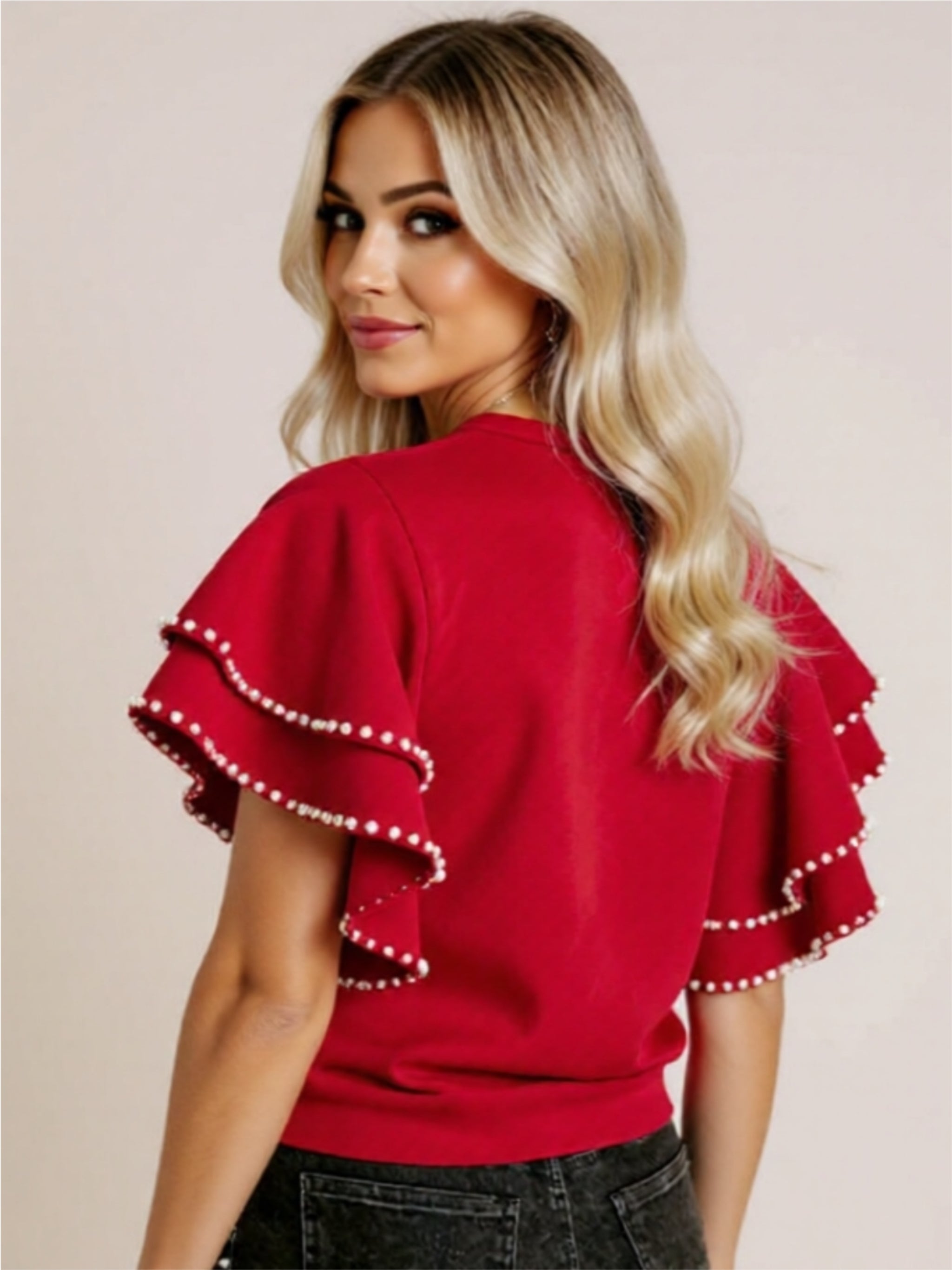 Red Ruffled Layered Sleeve Top