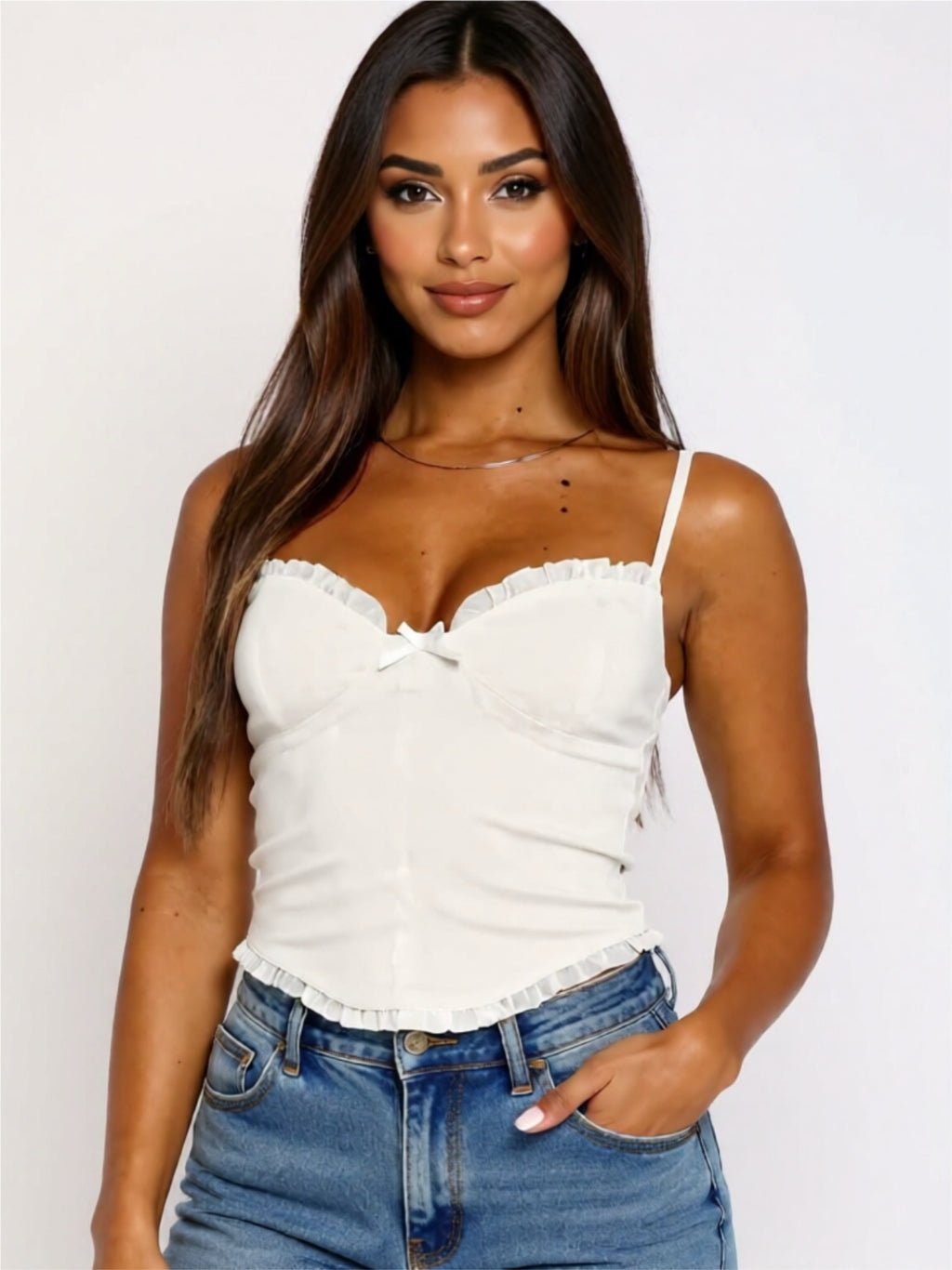 Ruched Bow Detail Camisole with Lace Trim