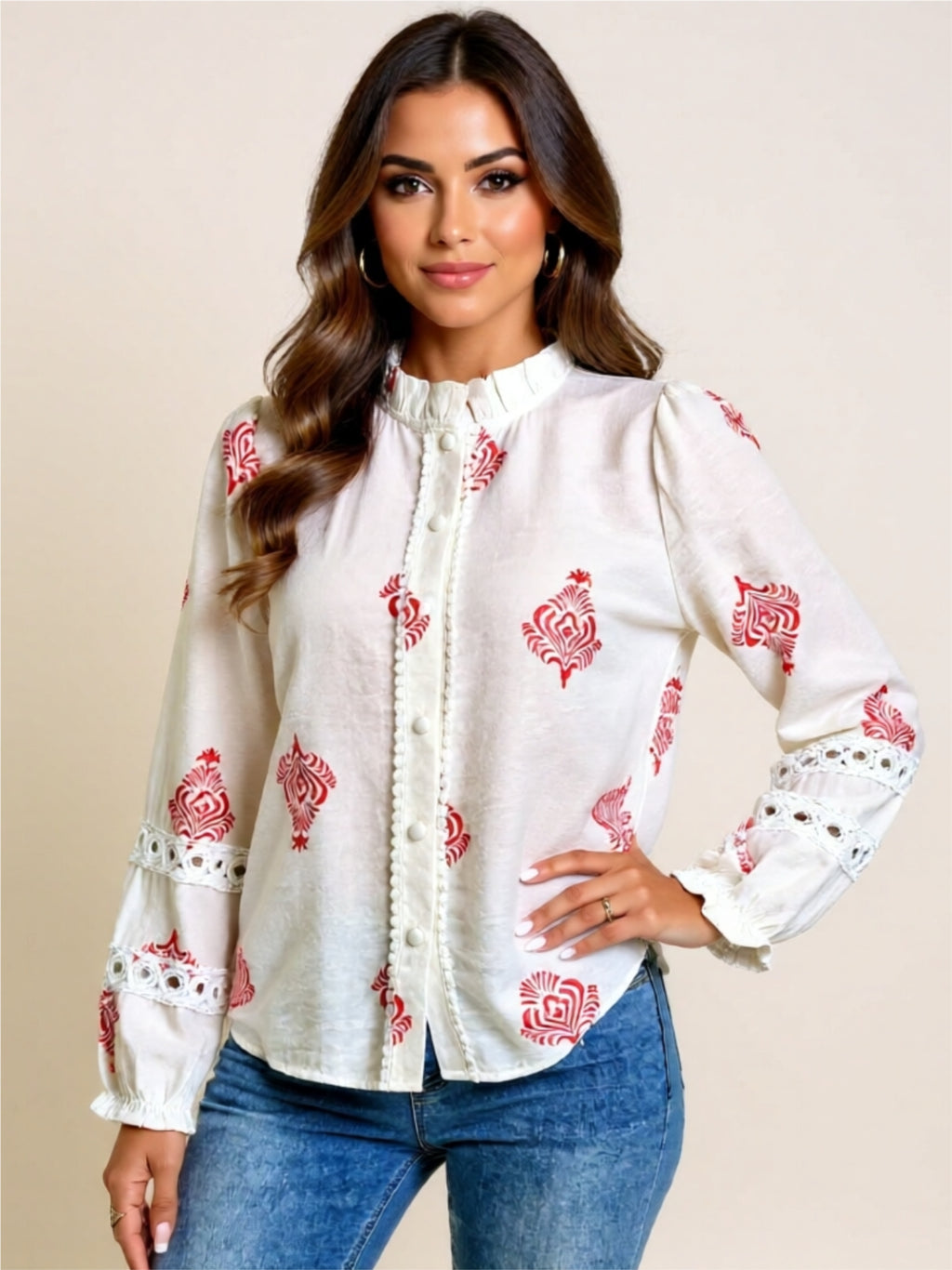 Buttoned Lace-Detail Embroidered Blouse