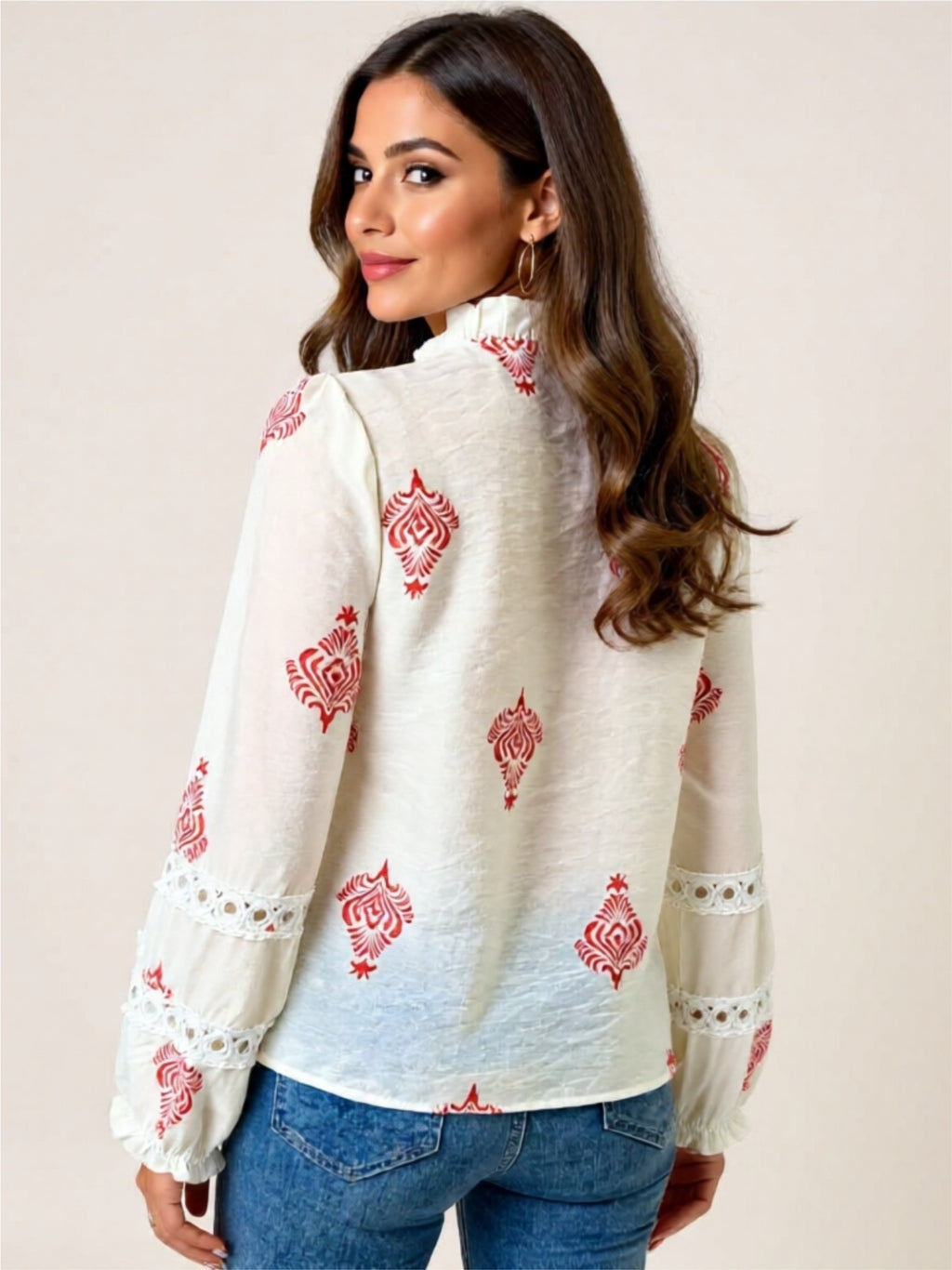 Buttoned Lace-Detail Embroidered Blouse