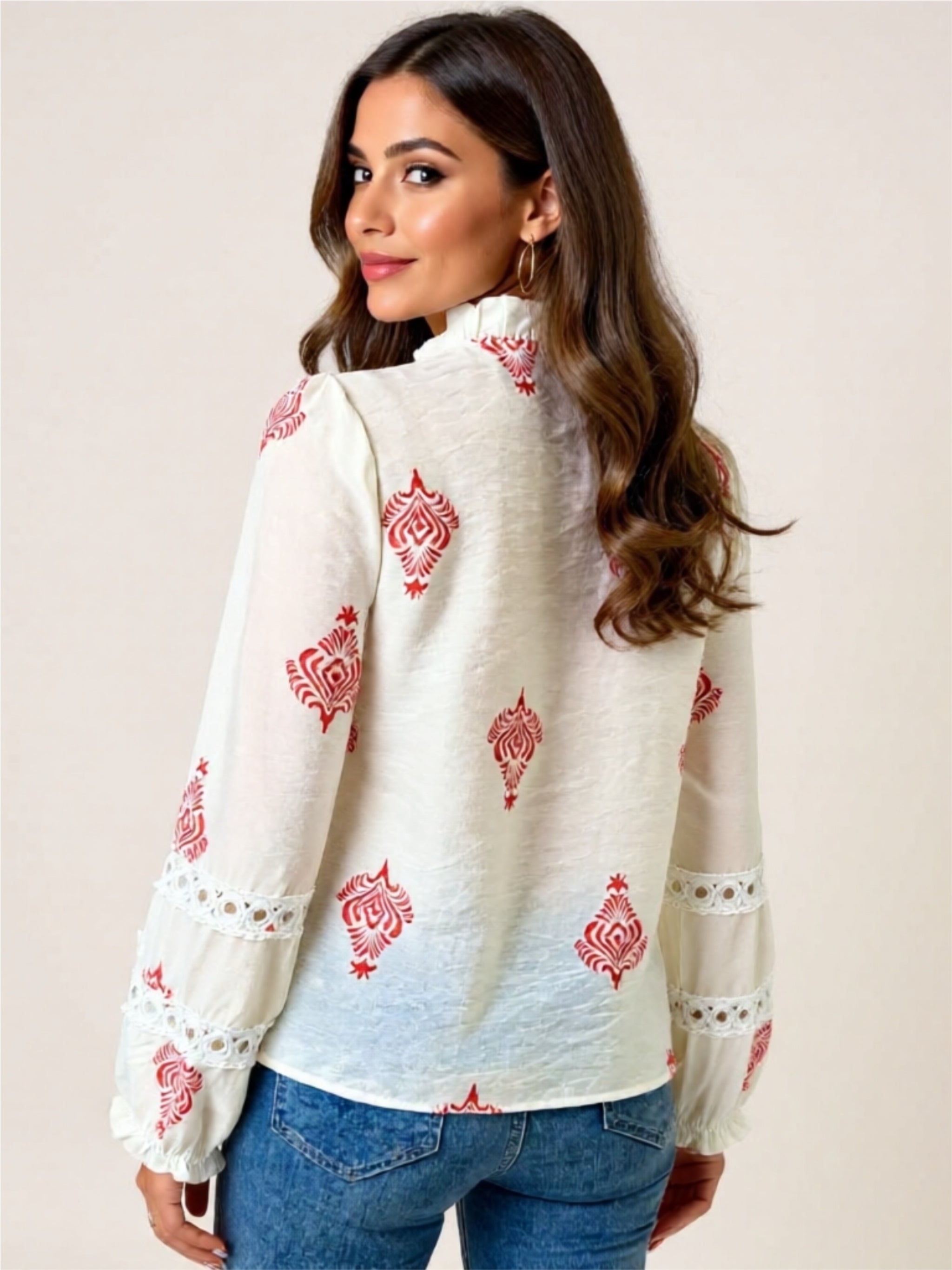 Buttoned Lace-Detail Embroidered Blouse