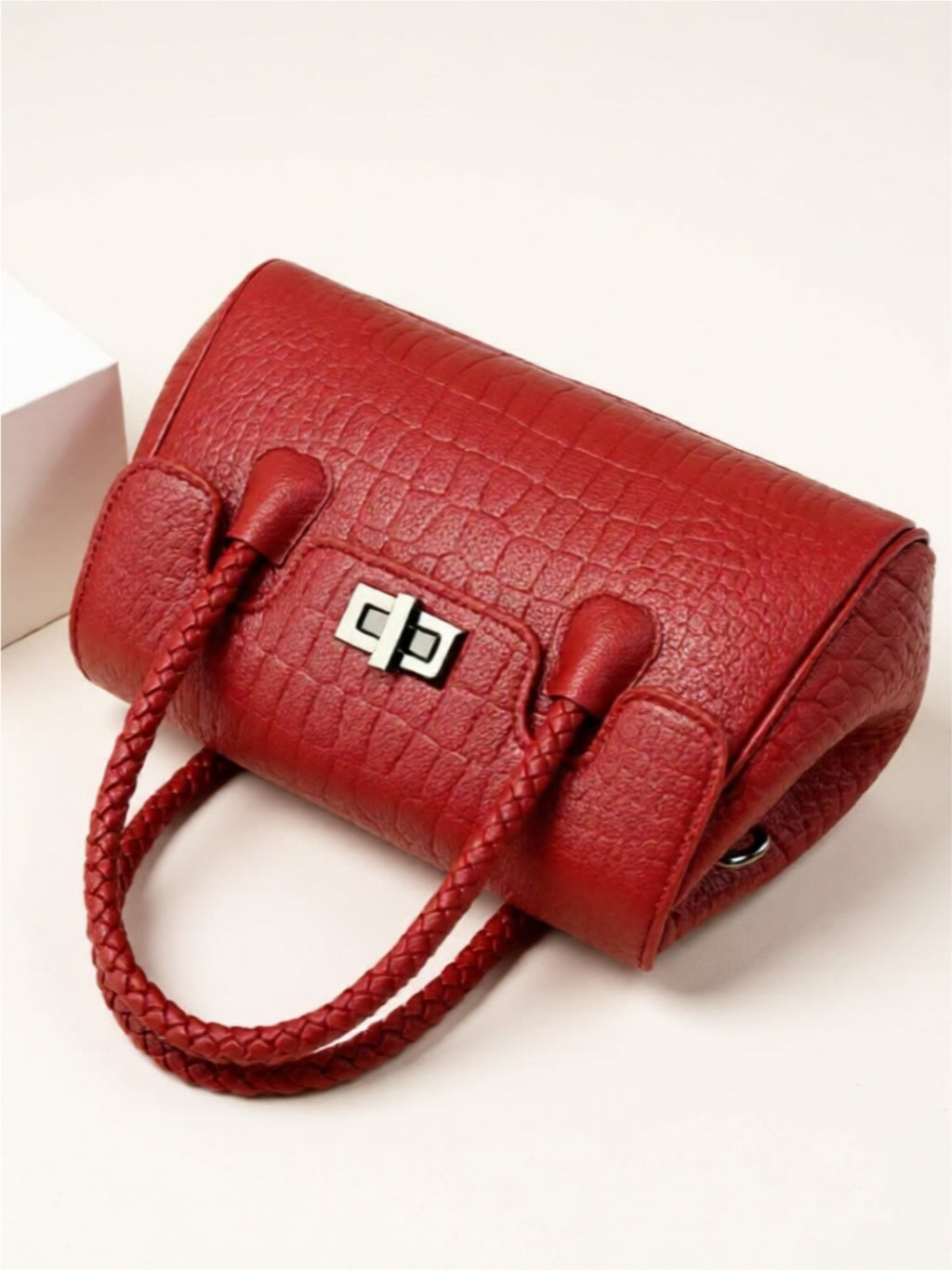 Braided Handle Croc-Embossed Vegan Leather Satchel