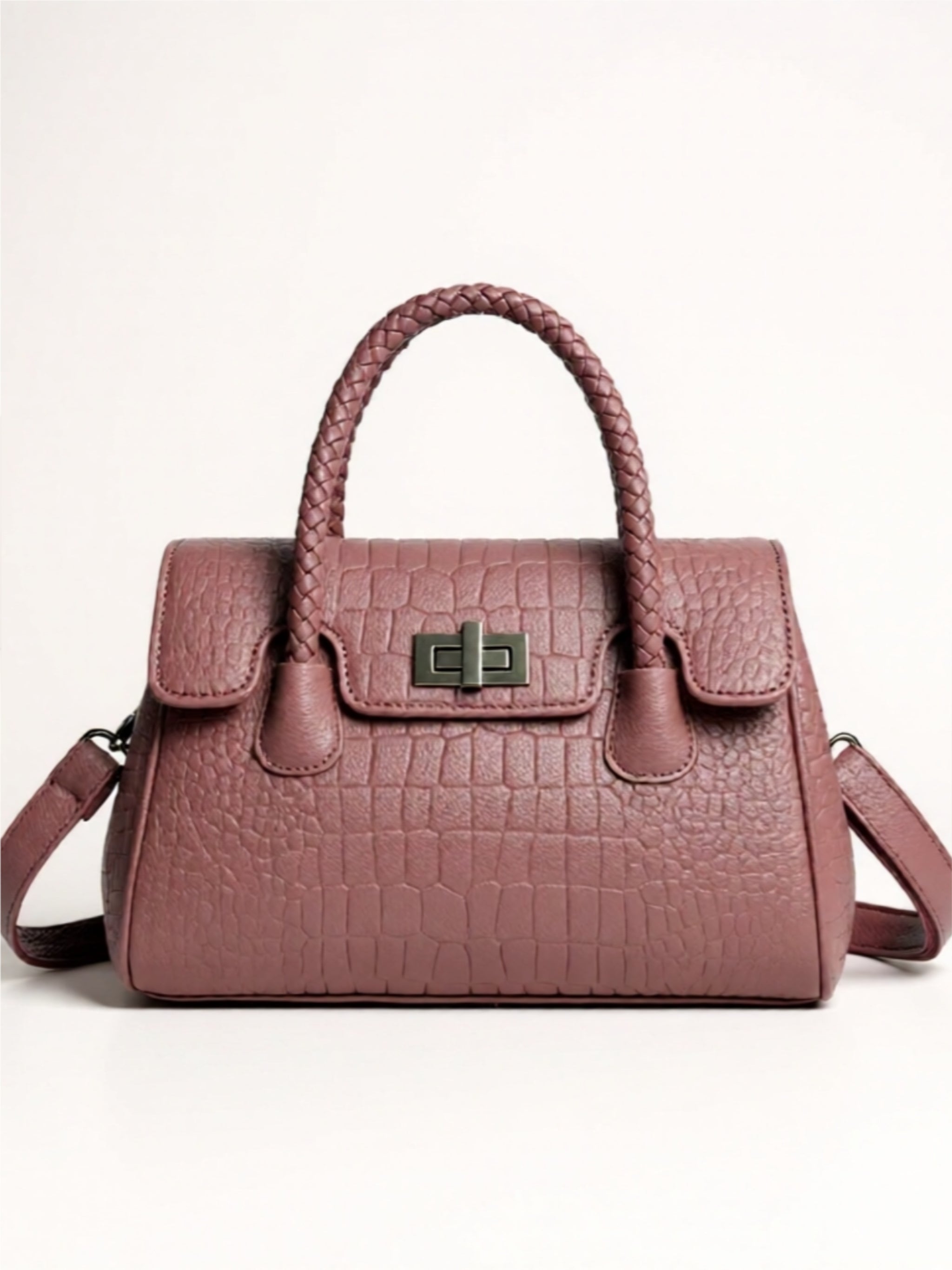 Braided Handle Croc-Embossed Vegan Leather Satchel
