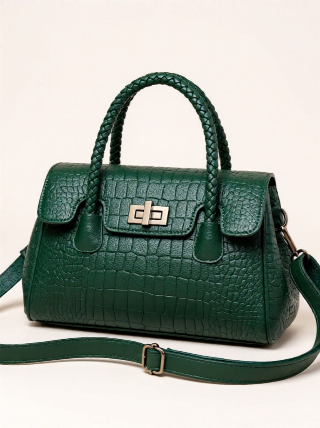 Braided Handle Croc-Embossed Vegan Leather Satchel