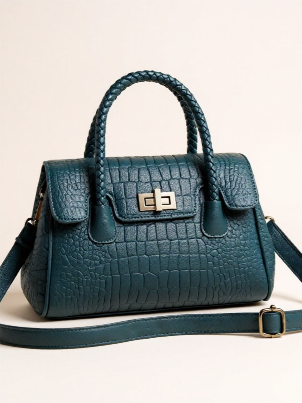 Braided Handle Croc-Embossed Vegan Leather Satchel