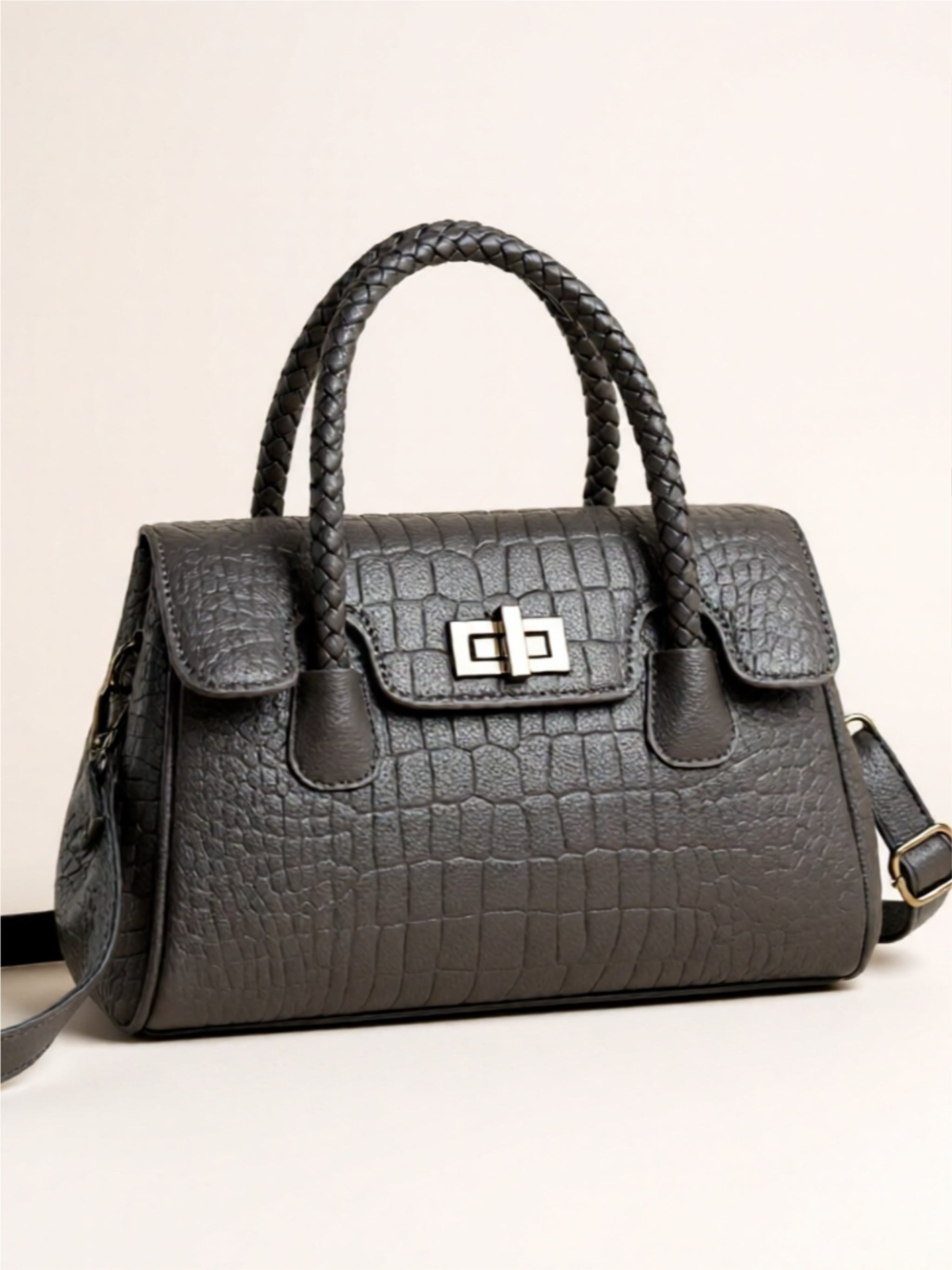 Braided Handle Croc-Embossed Vegan Leather Satchel
