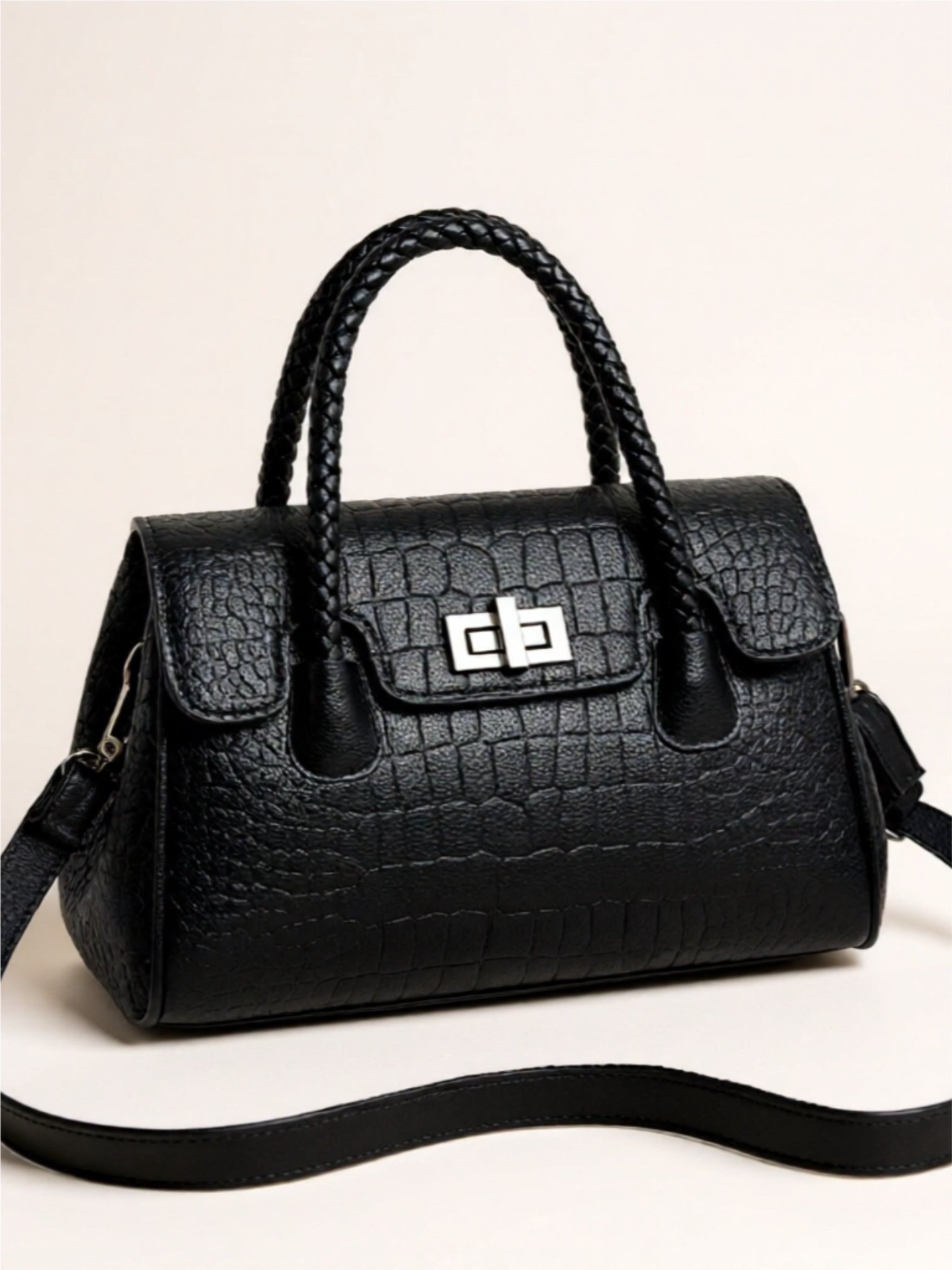 Braided Handle Croc-Embossed Vegan Leather Satchel