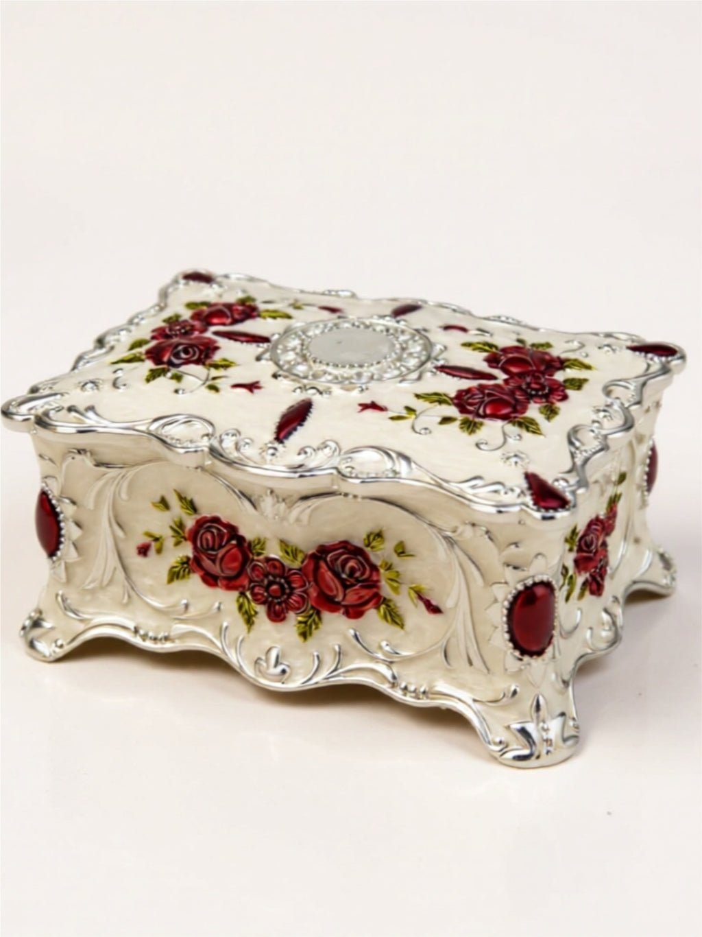 Large Vintage Alloy Jewelry Box – Elegant Floral Design with Velvet Interior