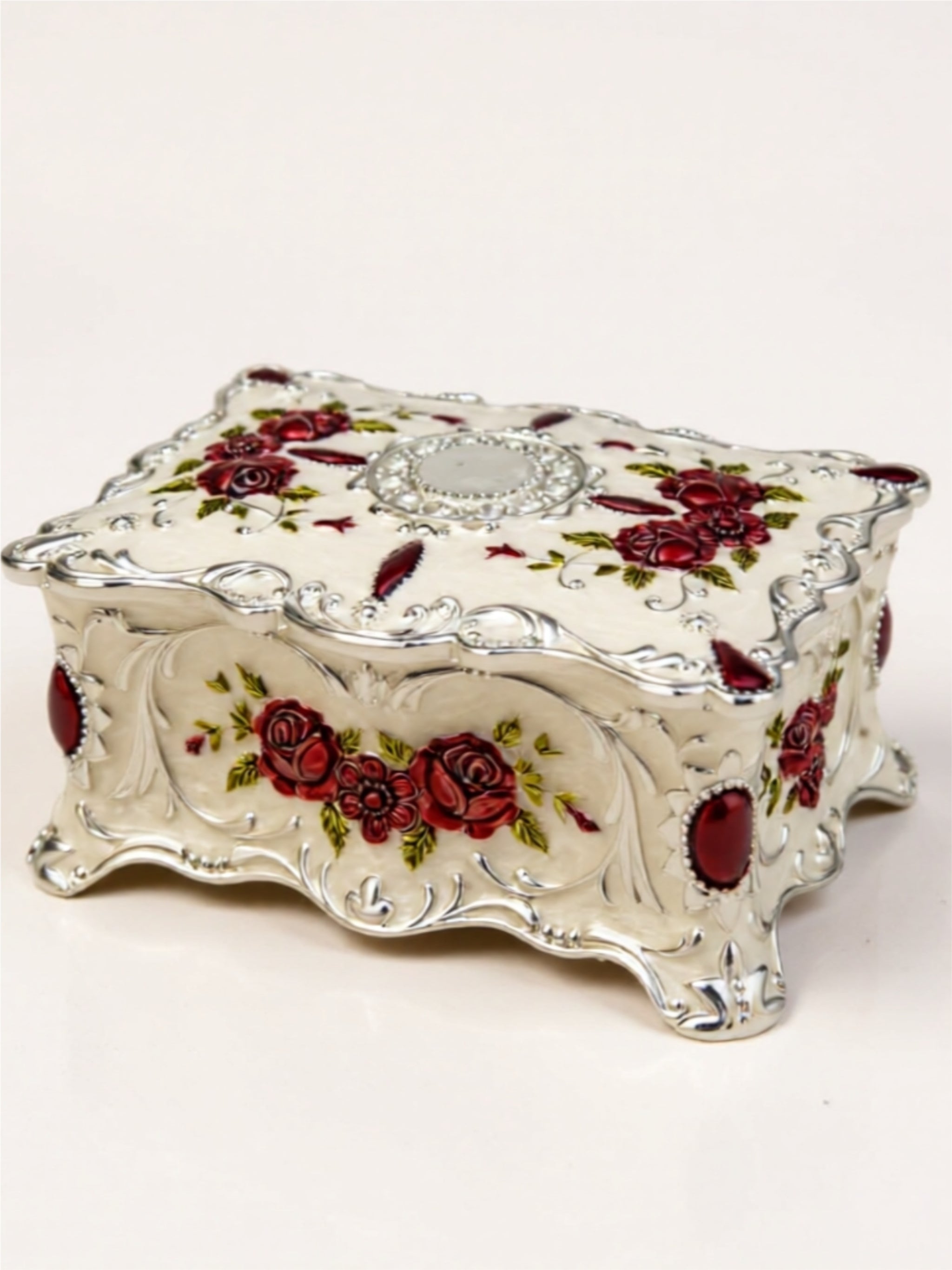Large Vintage Alloy Jewelry Box – Elegant Floral Design with Velvet Interior