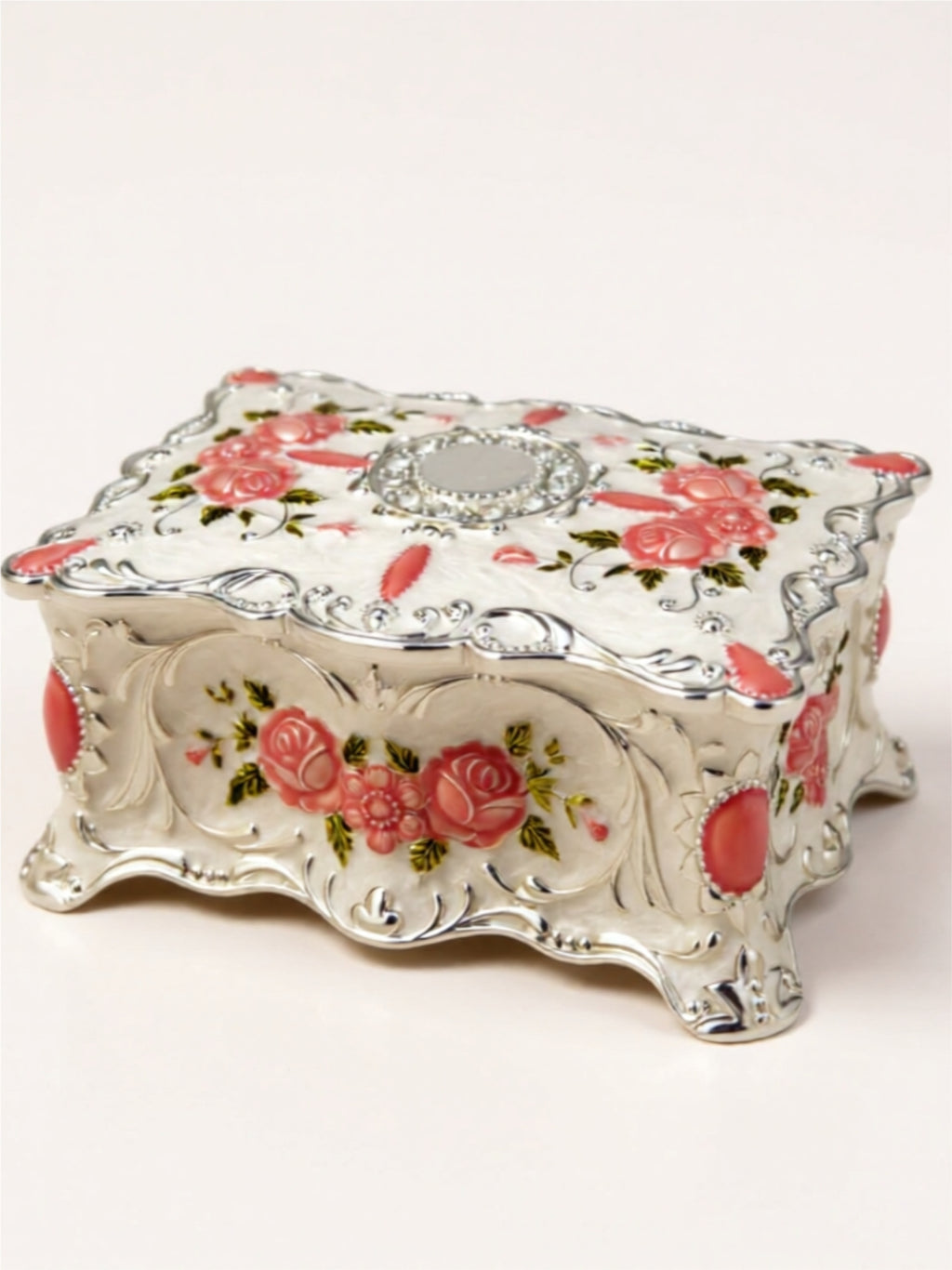 Large Vintage Alloy Jewelry Box – Elegant Floral Design with Velvet Interior