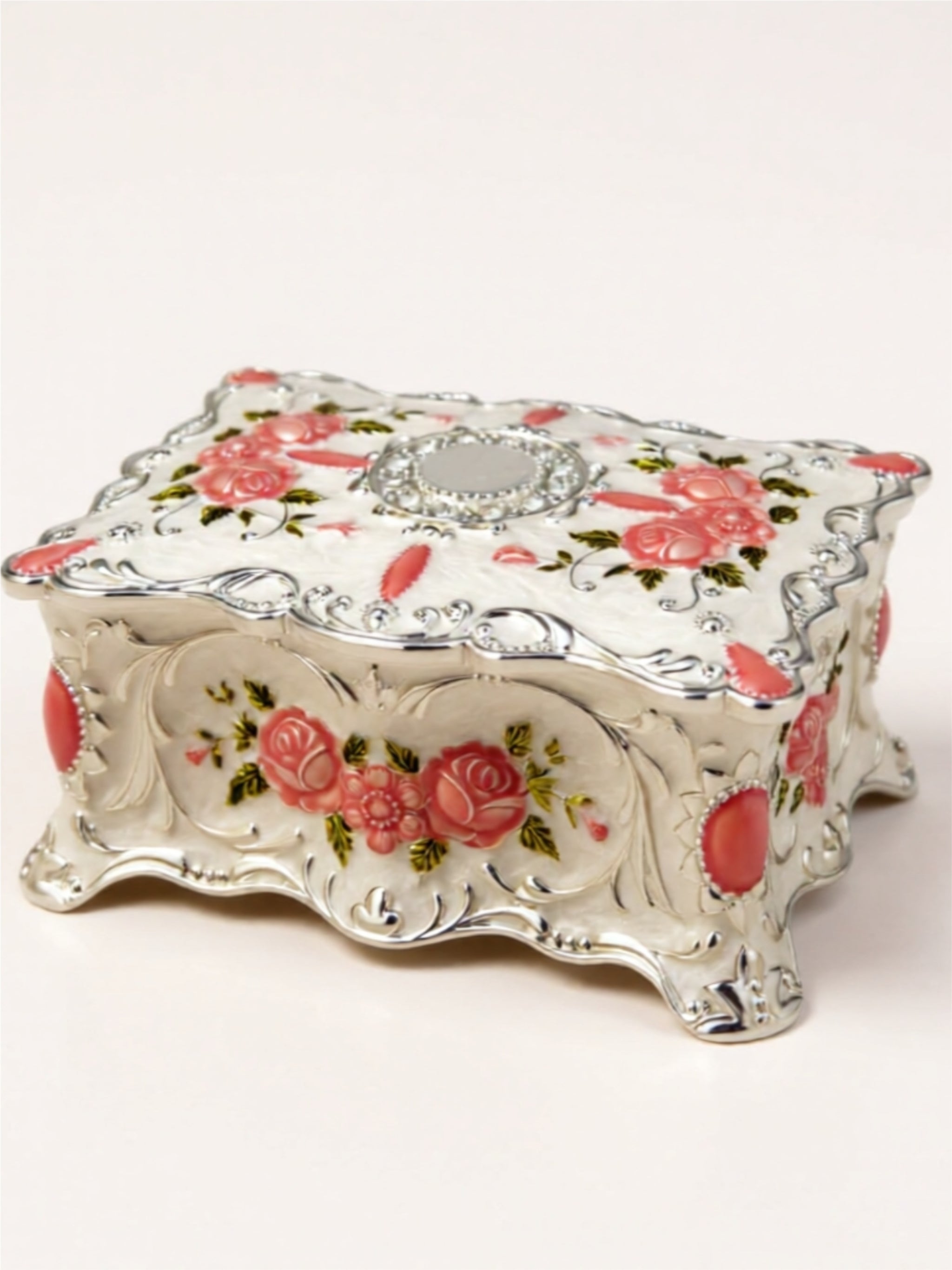 Large Vintage Alloy Jewelry Box – Elegant Floral Design with Velvet Interior