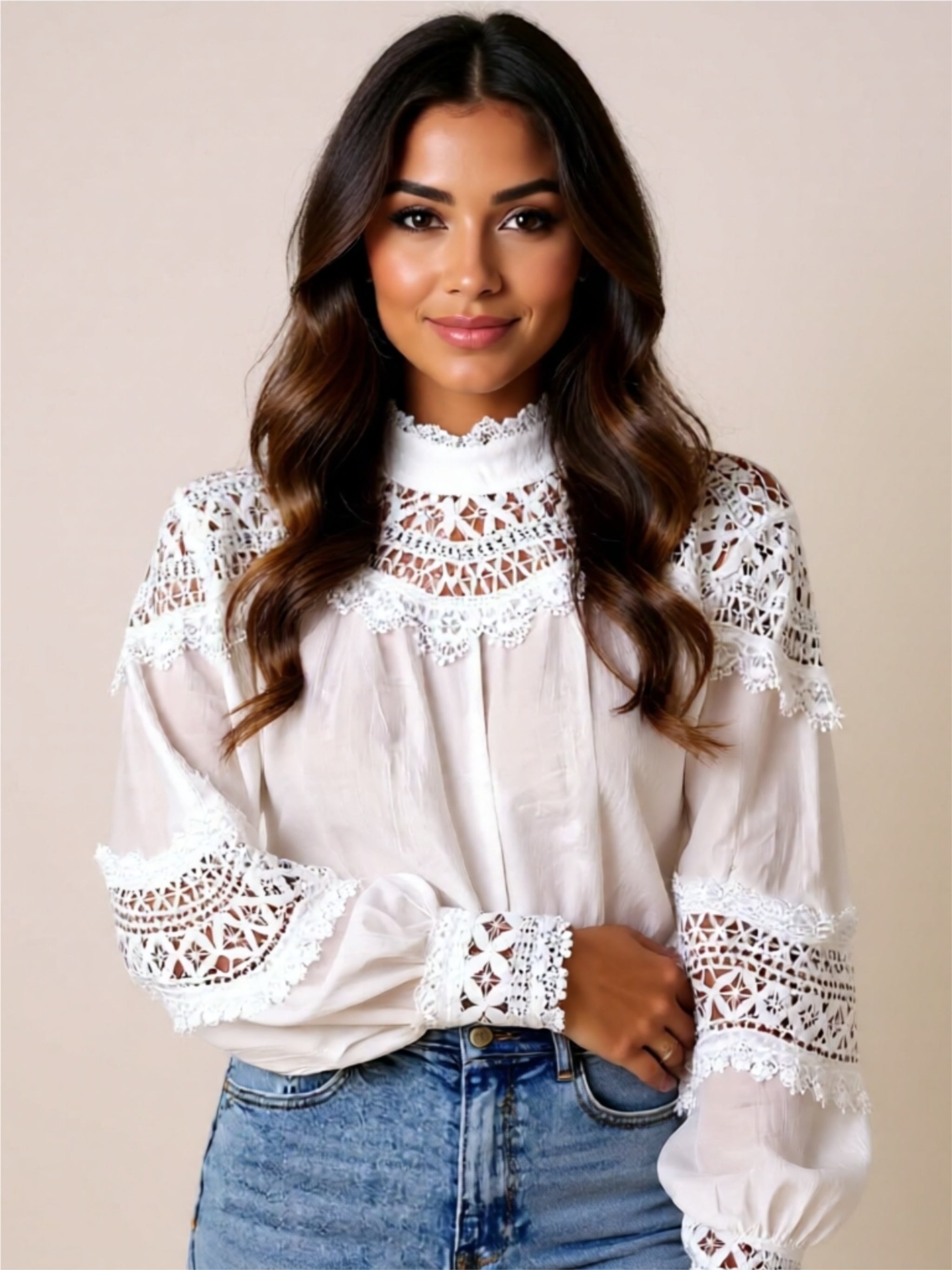 White Lace Detail Long Sleeve Blouse