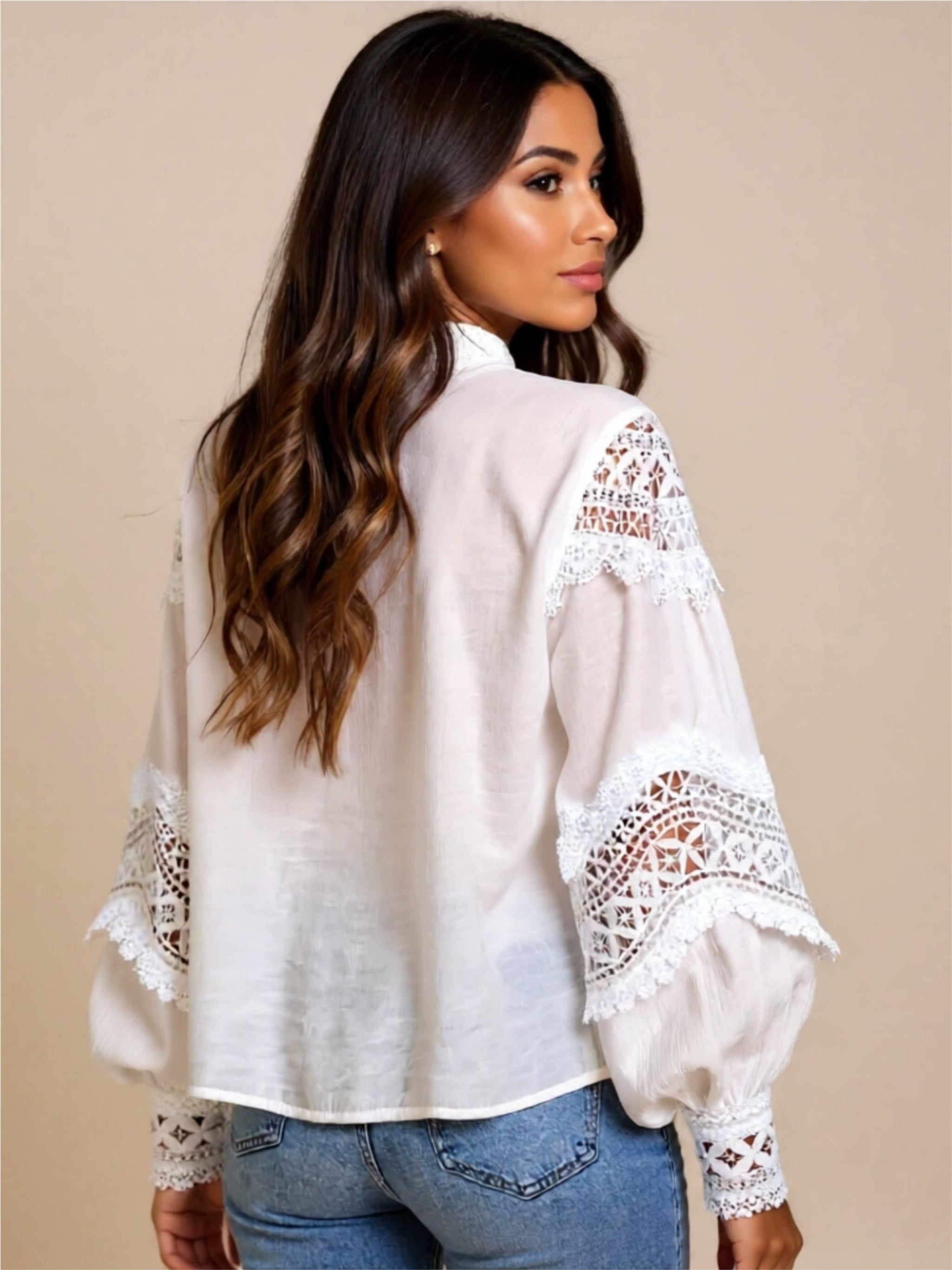White Lace Detail Long Sleeve Blouse