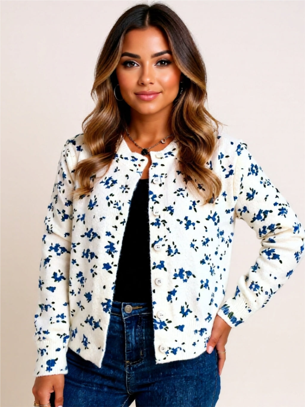 Button-Up Floral Knit Cardigan