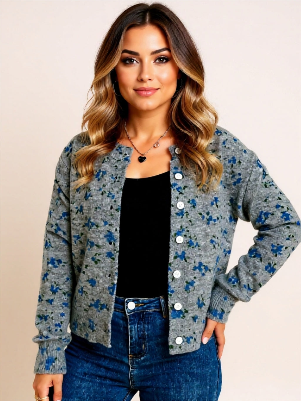 Button-Up Floral Knit Cardigan