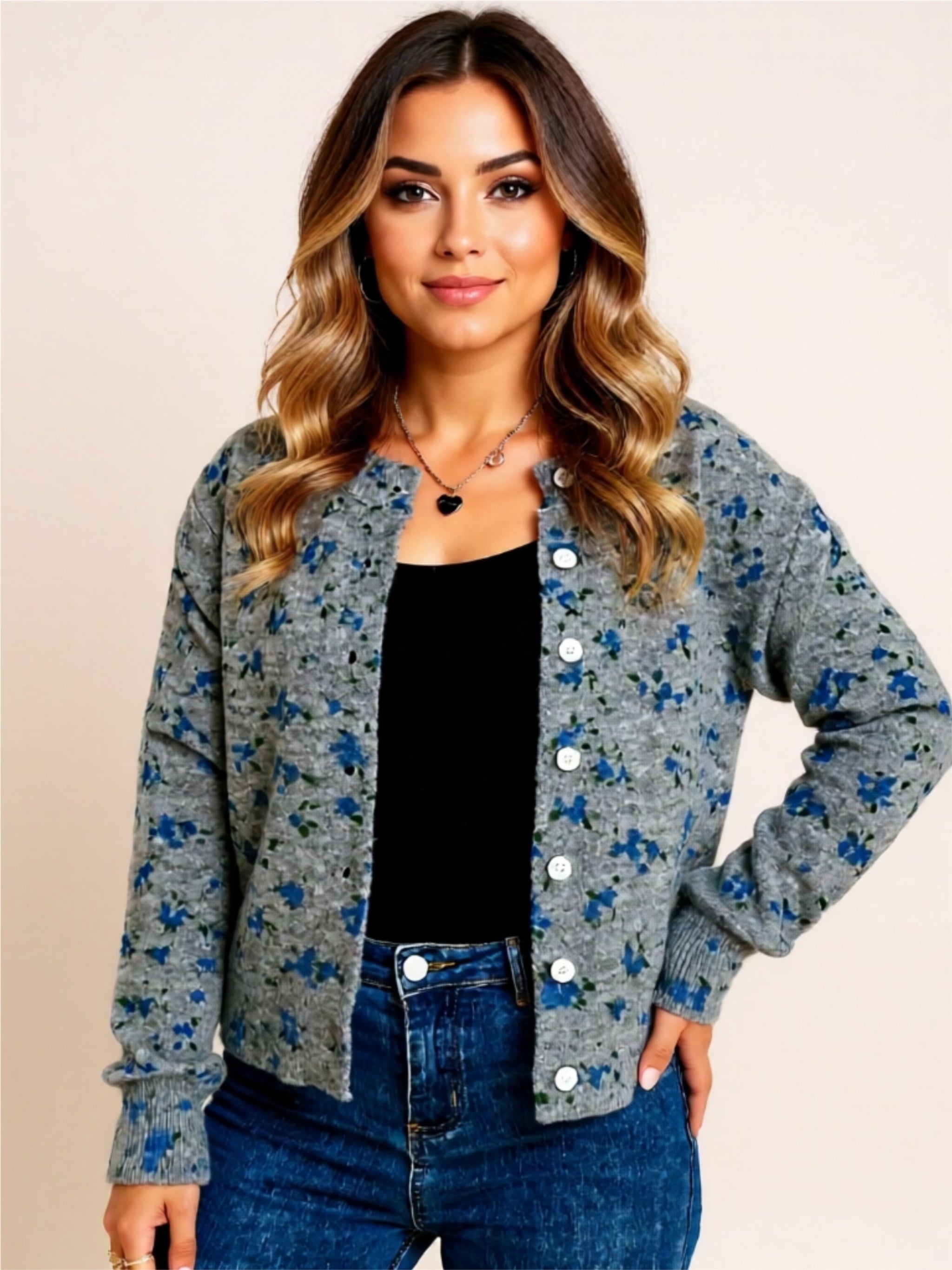Button-Up Floral Knit Cardigan