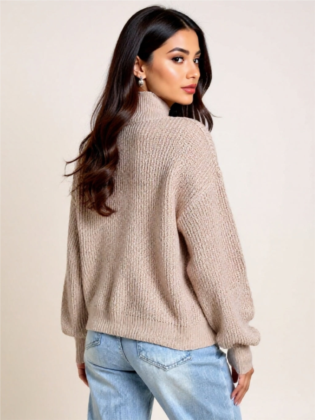 Beige Mock Neck Knit Sweater