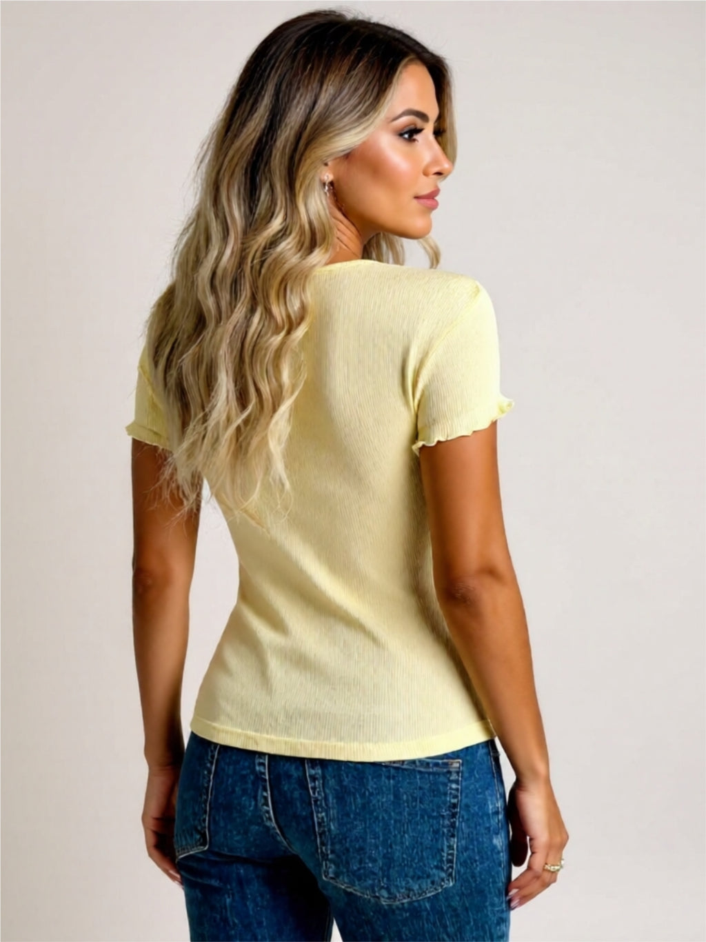 Short Sleeve Lace Trim Buttoned Top