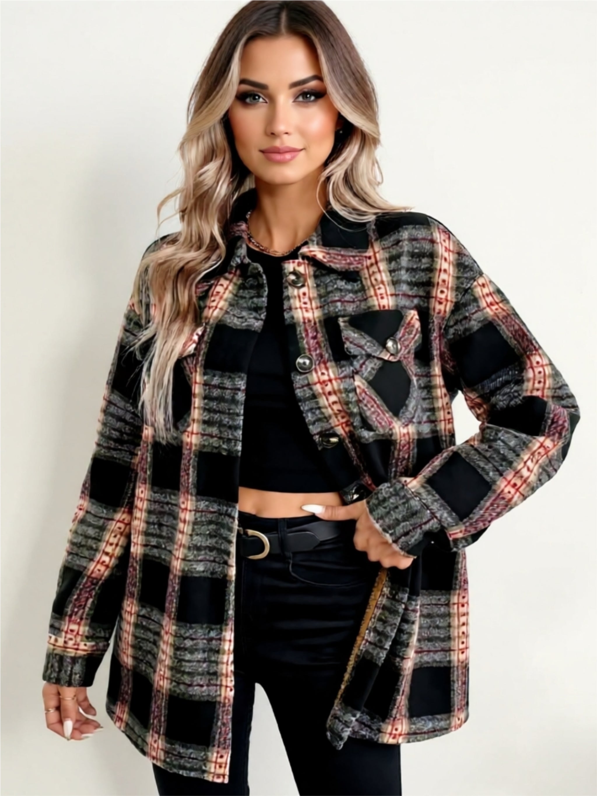 Plaid Button-Up Sherpa Lined Jacket
