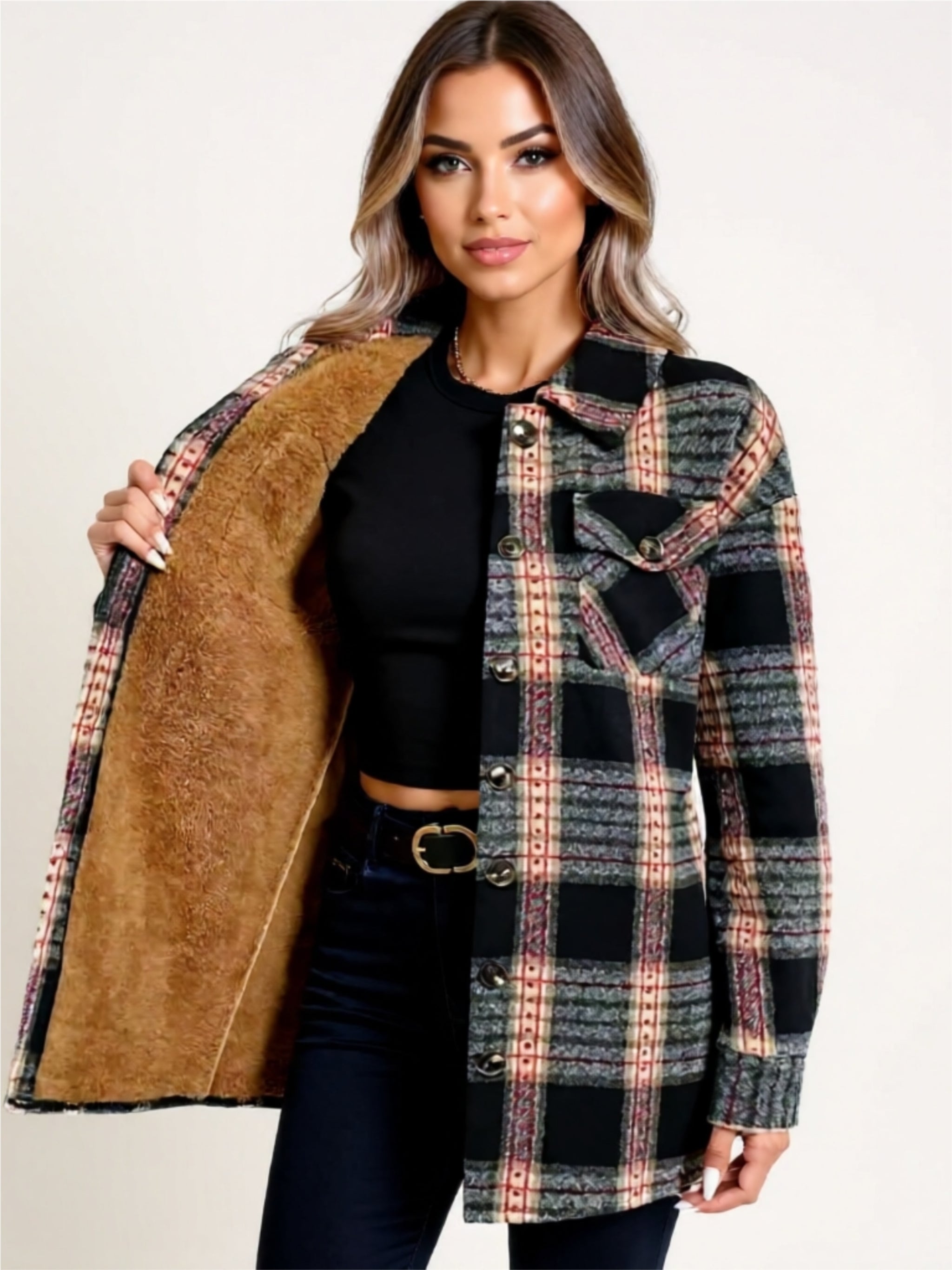 Plaid Button-Up Sherpa Lined Jacket