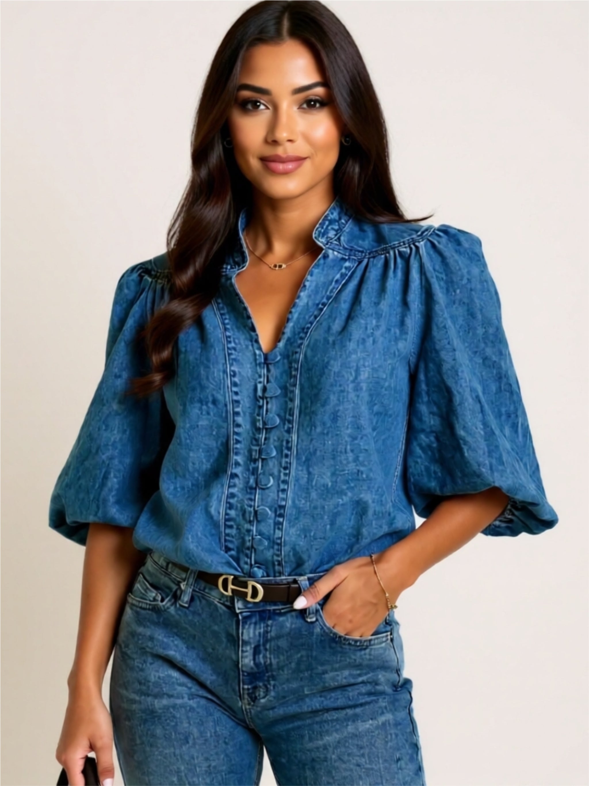 Button-Up Puff Sleeve Denim Blouse