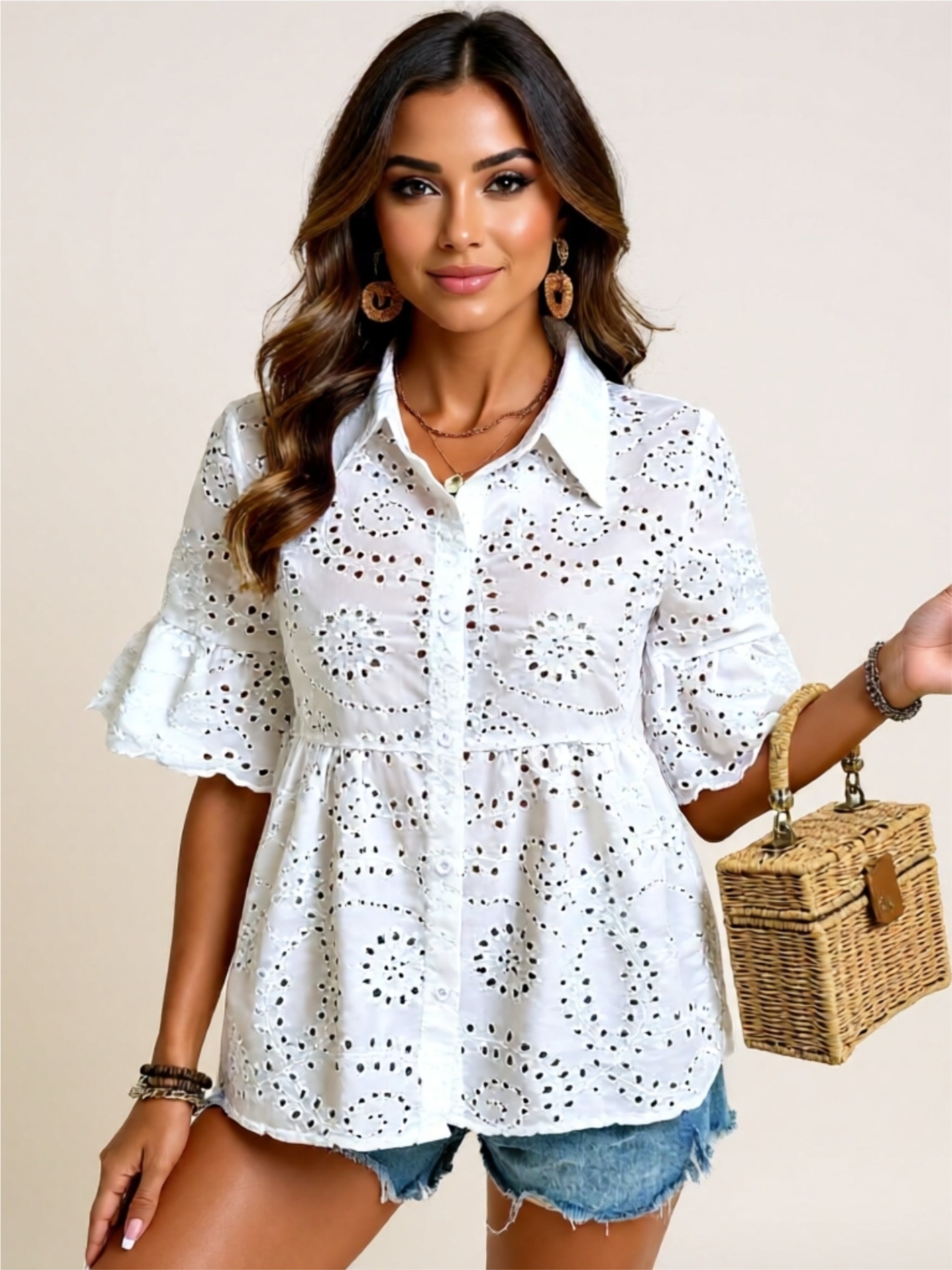 White Eyelet Button-Front Ruffle Sleeve Blouse
