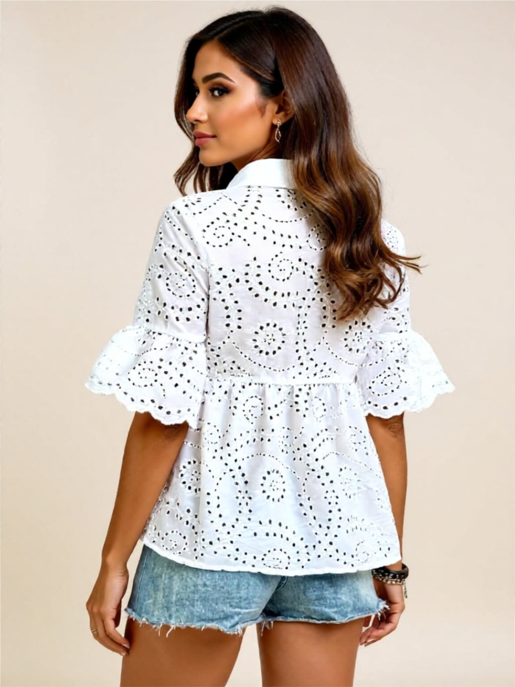 White Eyelet Button-Front Ruffle Sleeve Blouse