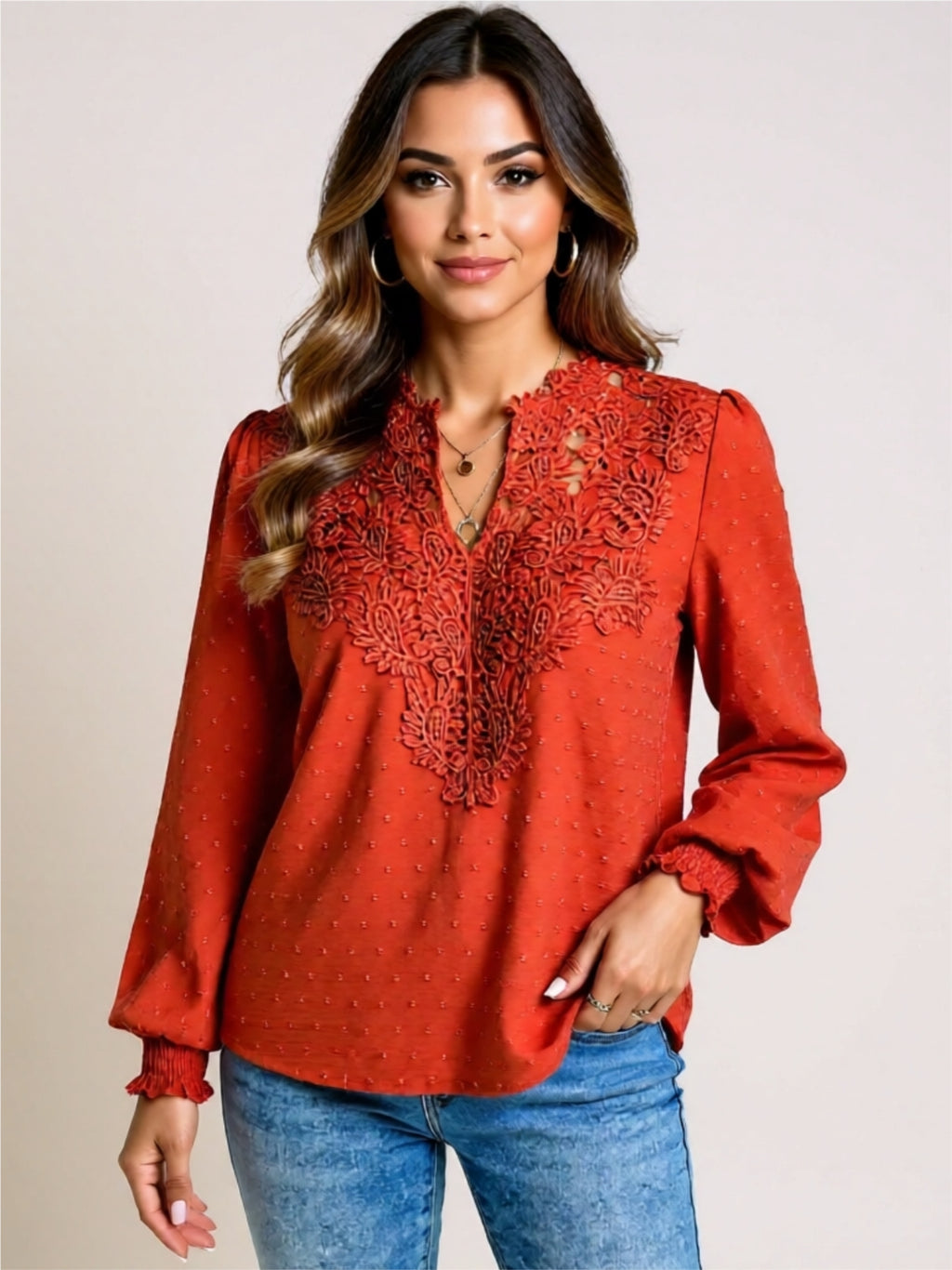Long Sleeve Lace Detail Blouse