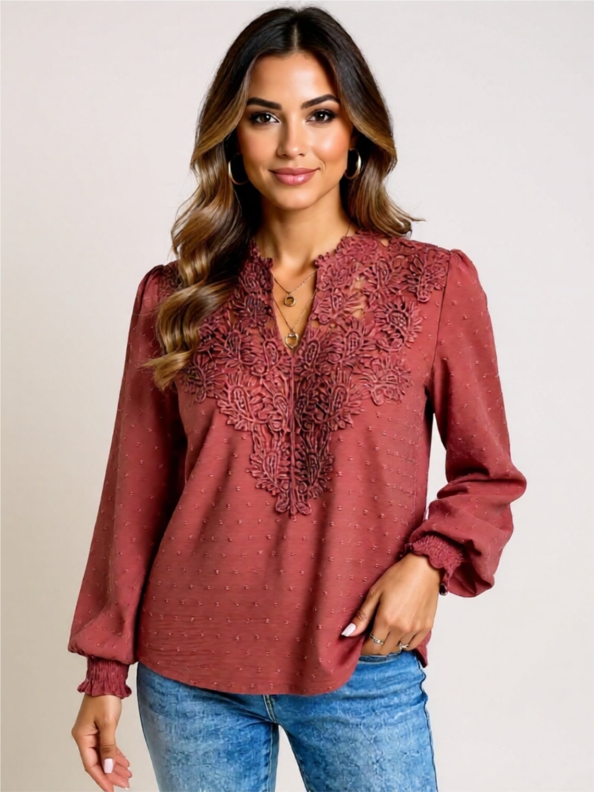 Long Sleeve Lace Detail Blouse