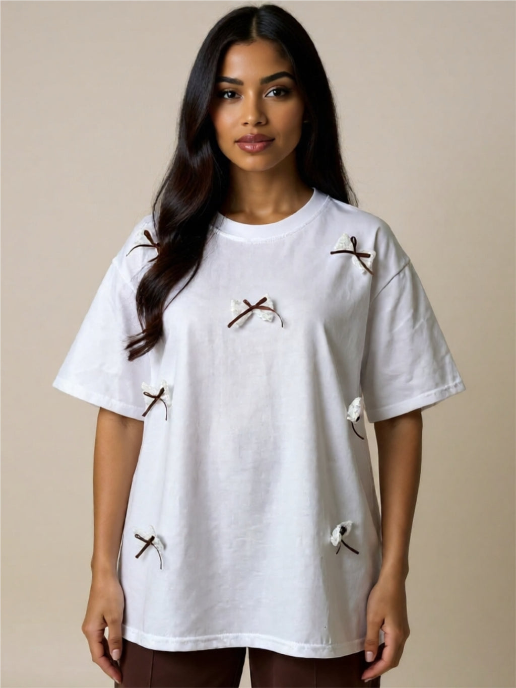 Oversized White Tee with Bow & Lace Detail
