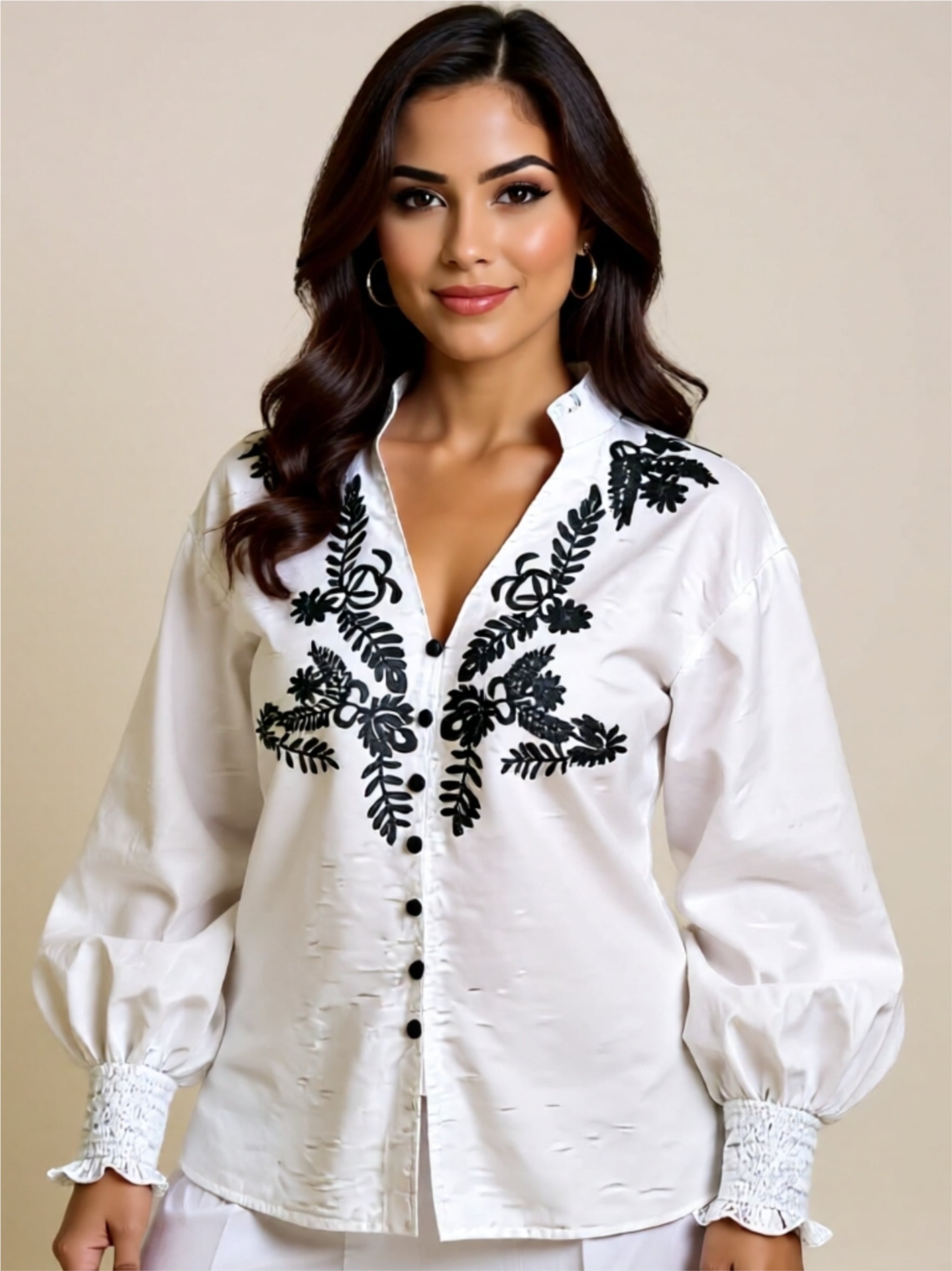 White Button-Down Blouse with Black Embroidery & Smocked Cuffs