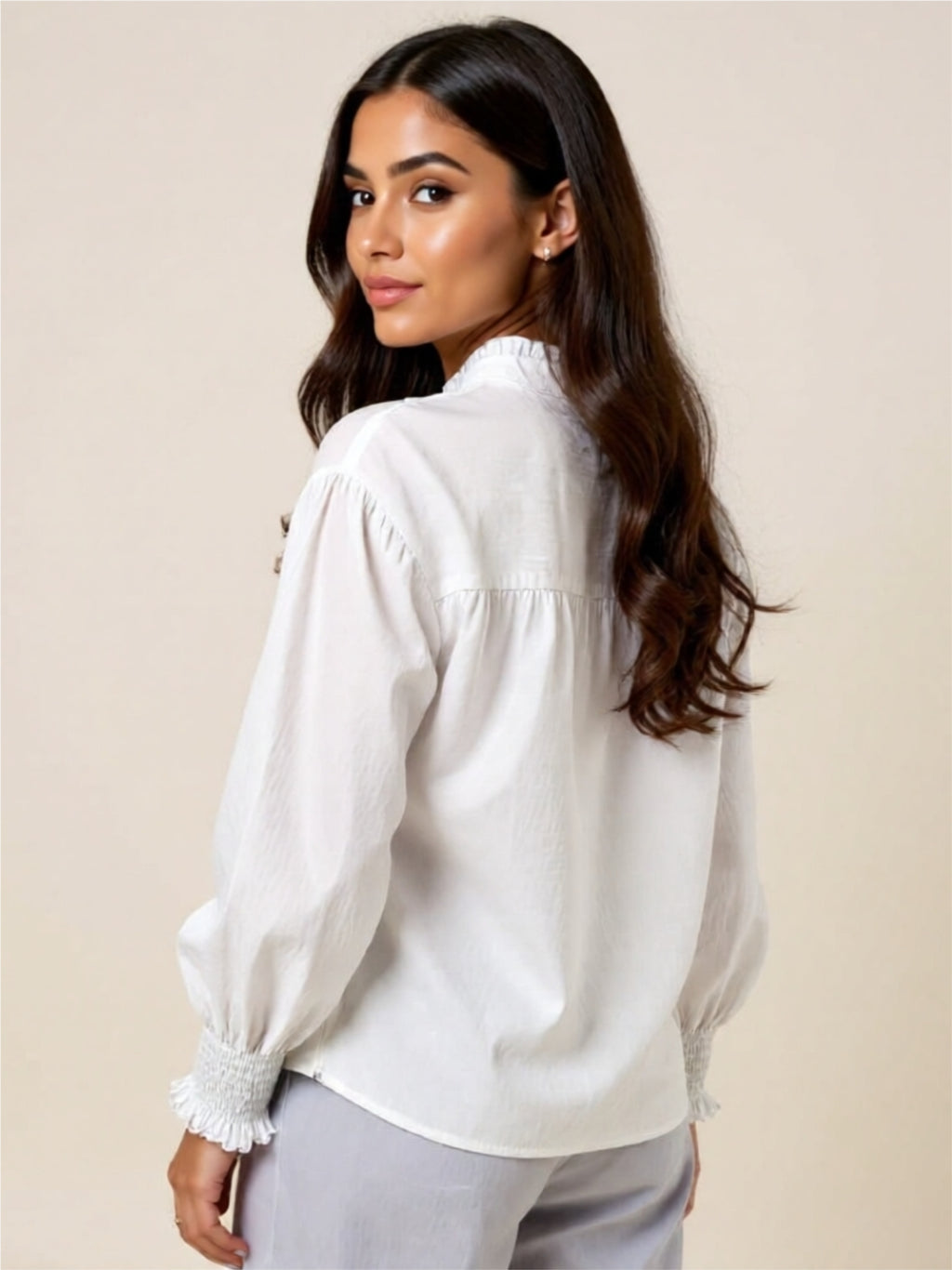 White Button-Down Blouse with Black Embroidery & Smocked Cuffs