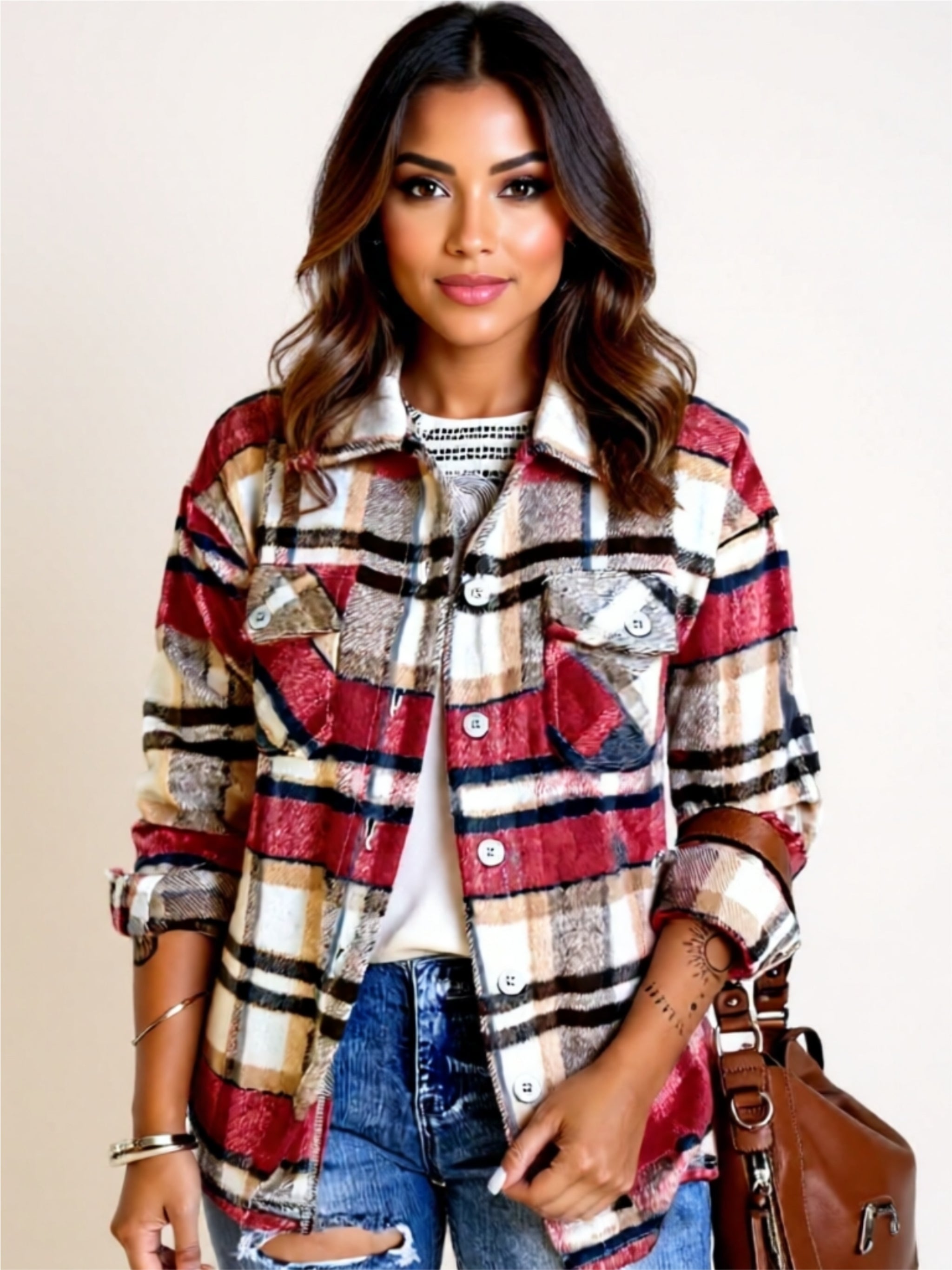 Plaid Button-Up Shacket with Pockets