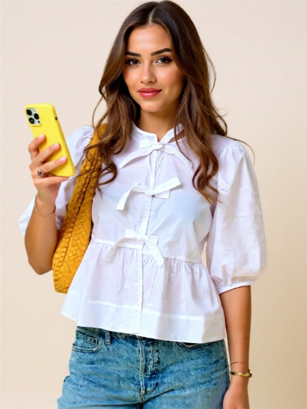 Tie-Front Puff Sleeve Peplum Blouse