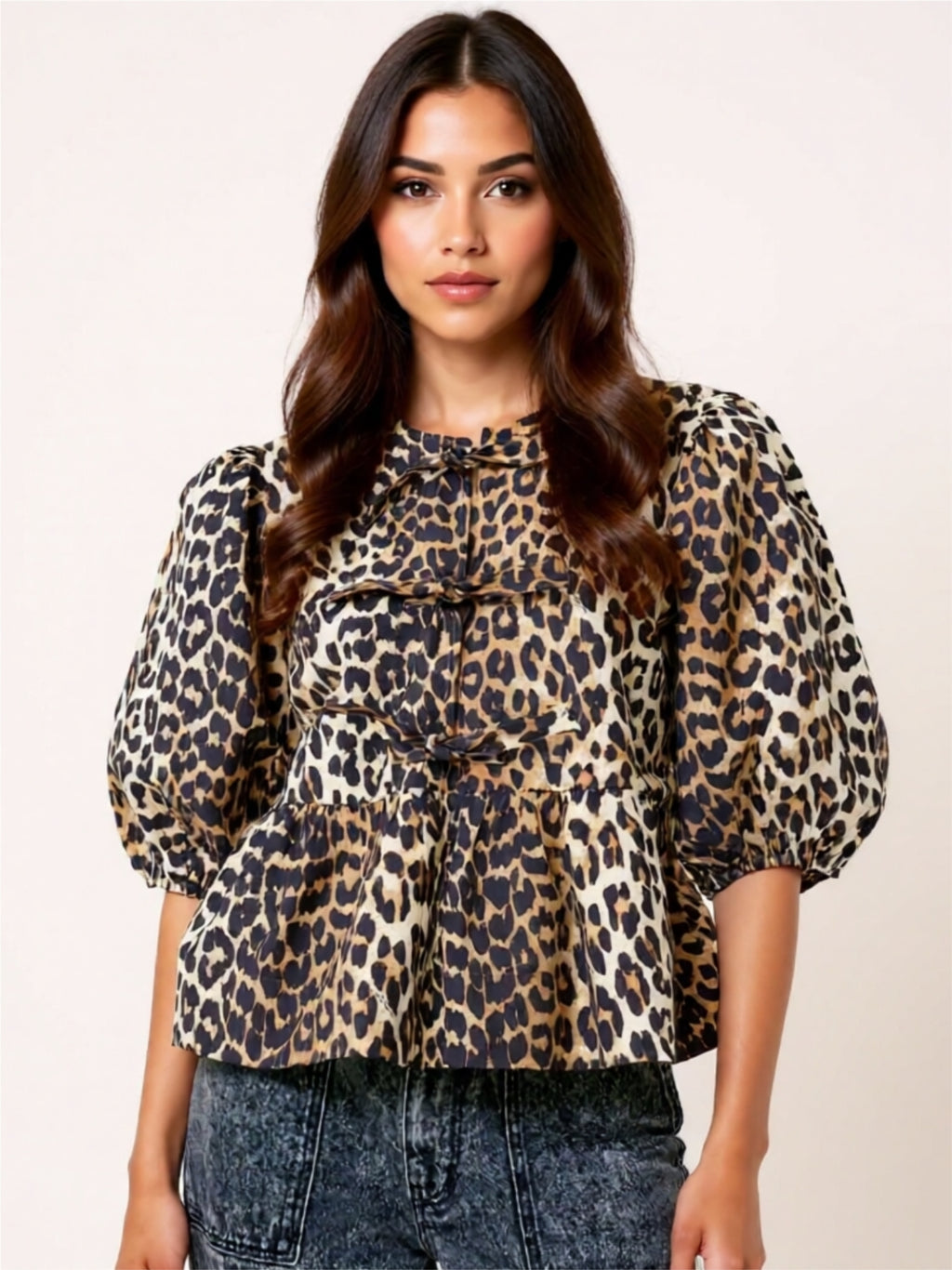 Tie-Front Puff Sleeve Peplum Blouse