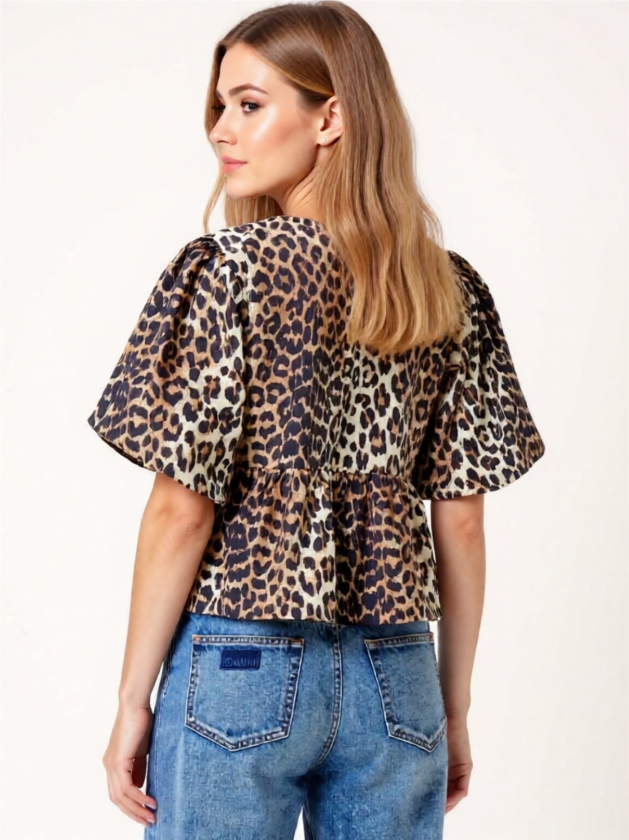 Tie-Front Puff Sleeve Peplum Blouse