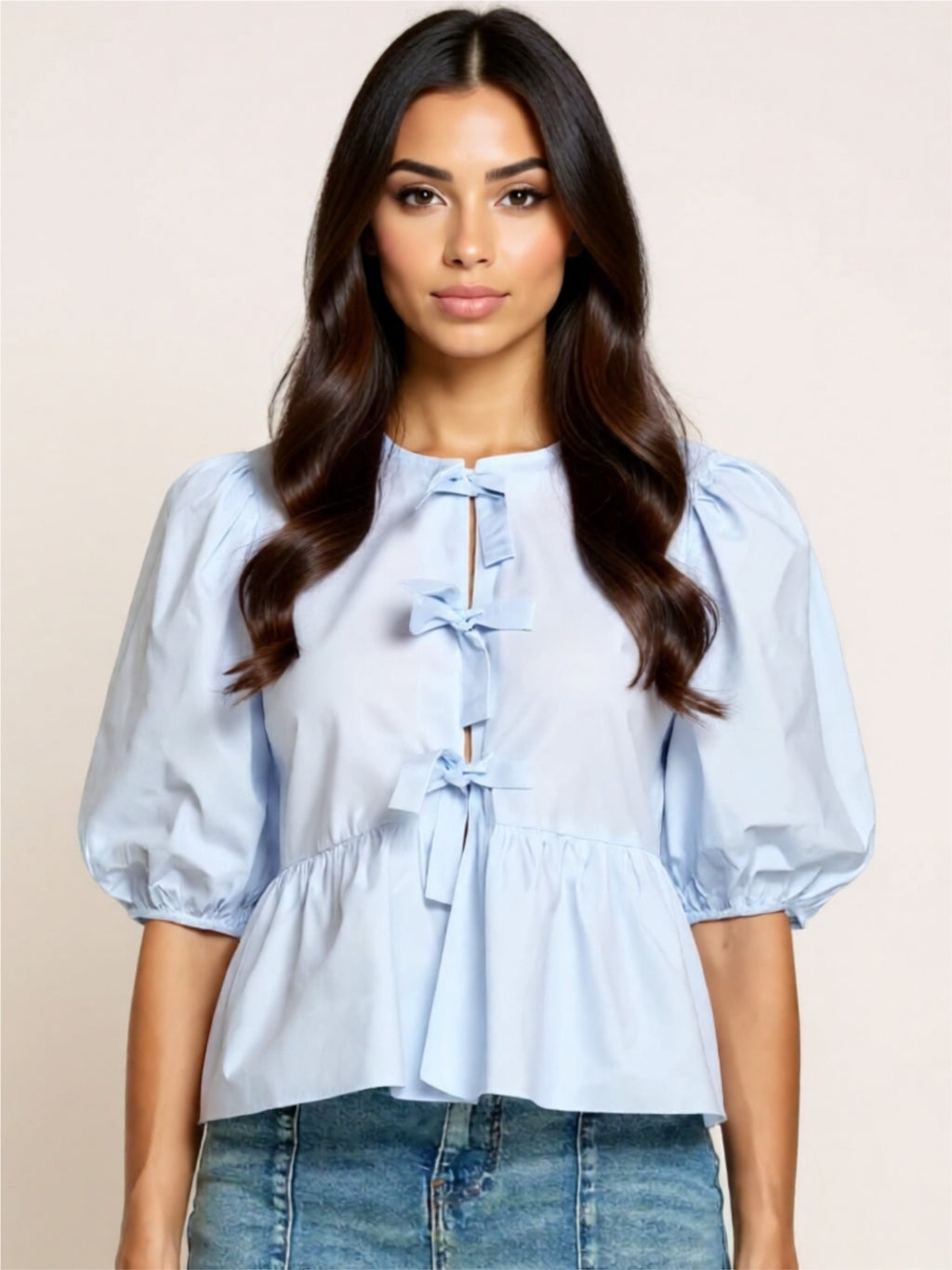 Tie-Front Puff Sleeve Peplum Blouse