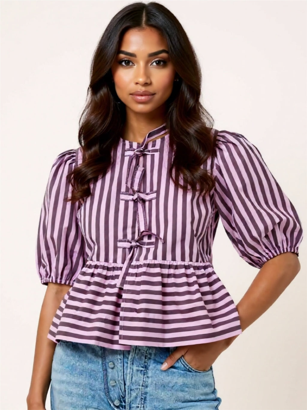 Tie-Front Puff Sleeve Peplum Blouse