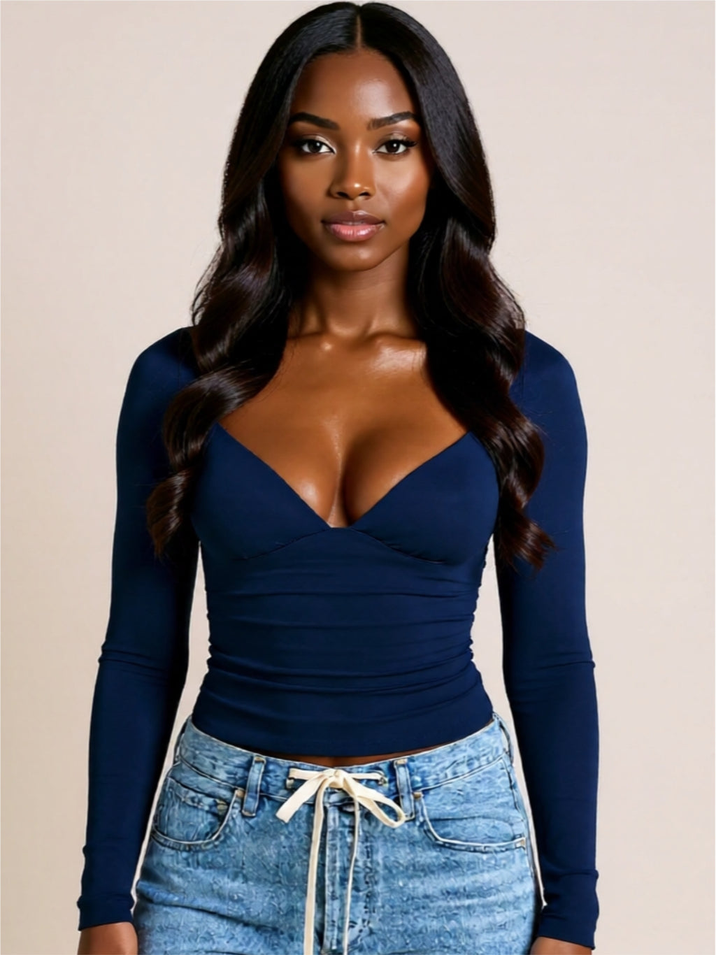 Deep V-Neck Long Sleeve Stretch Top