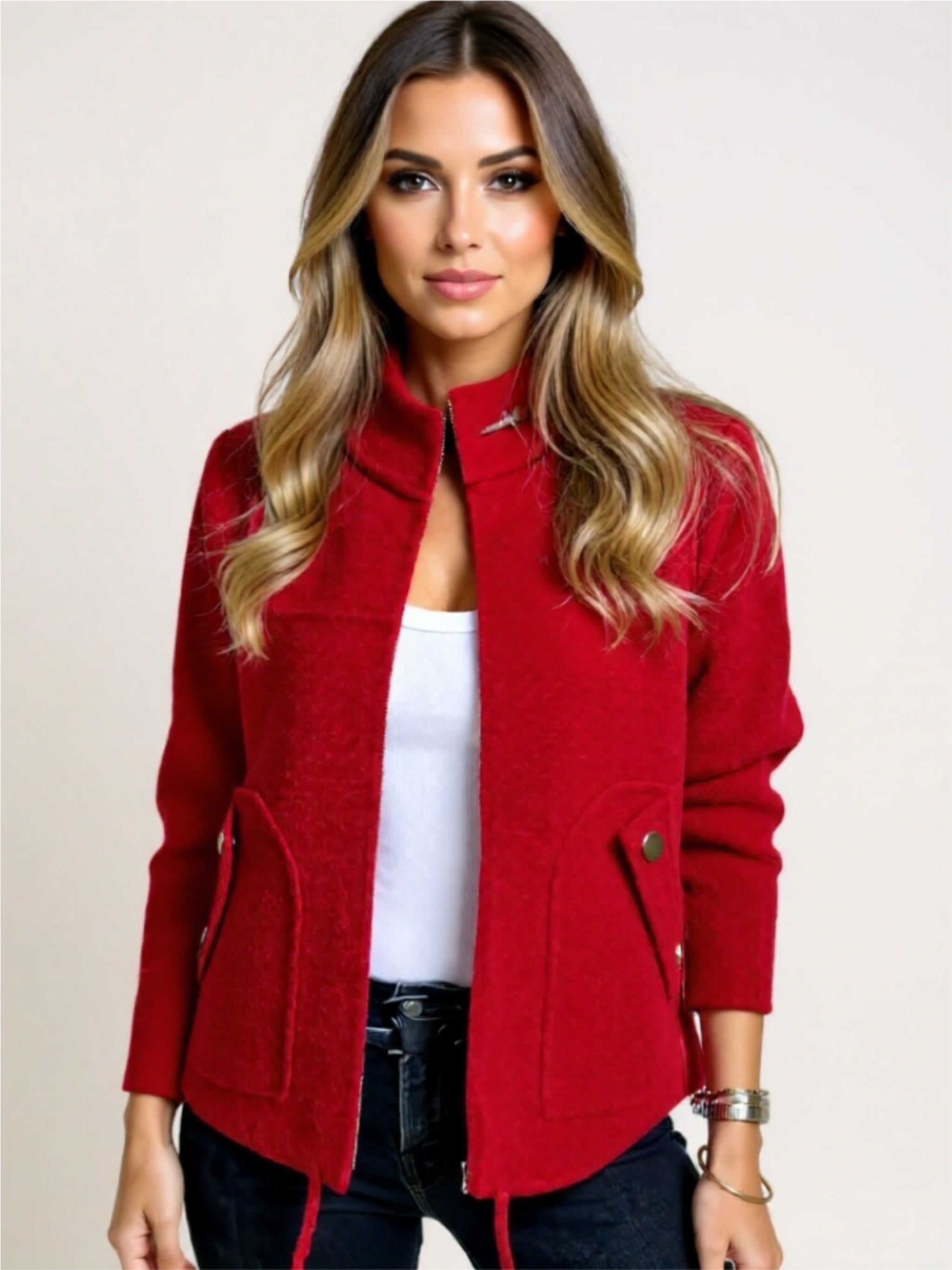 Zip-Up Wool Blend Jacket with Pockets