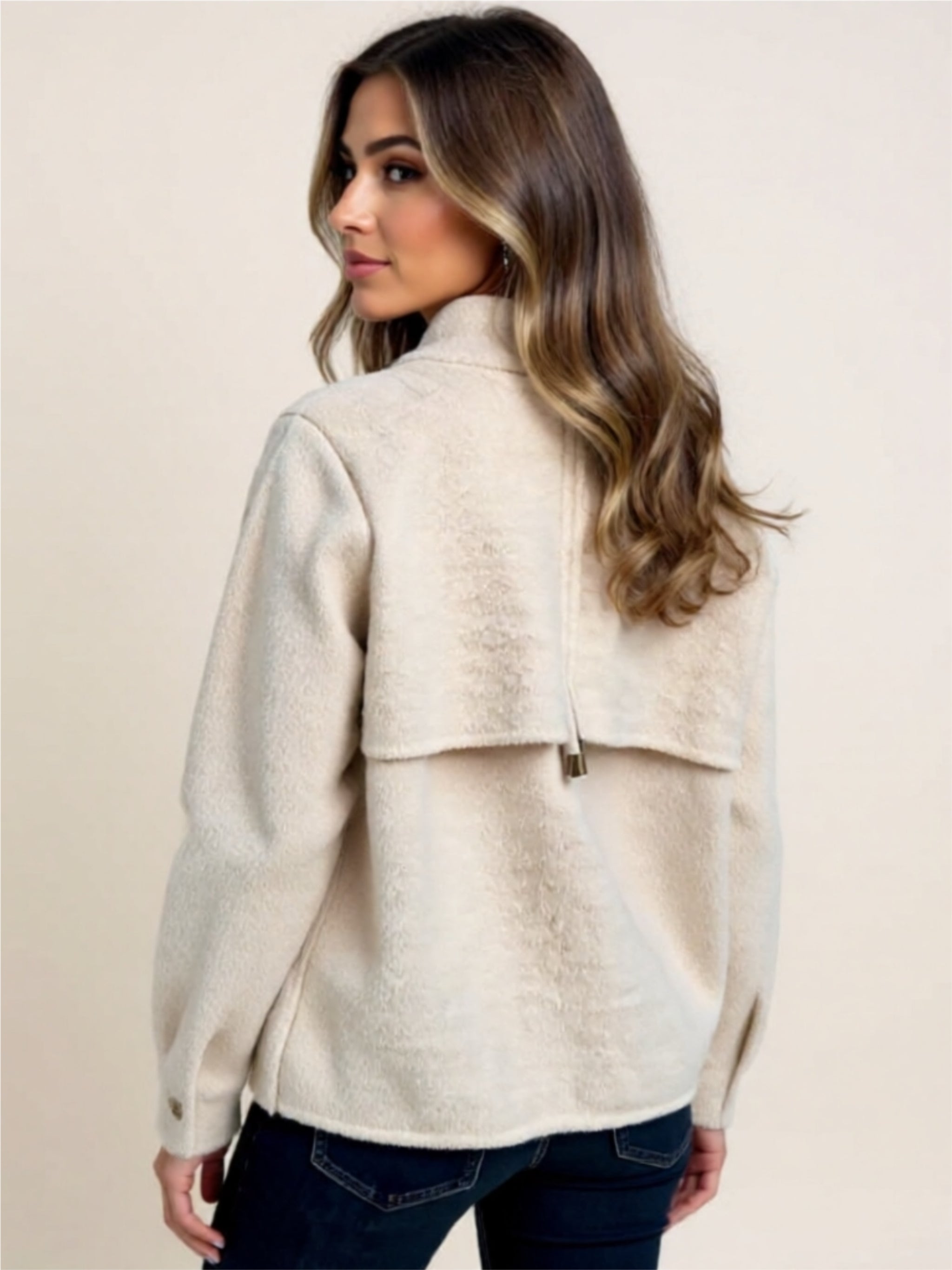 Zip-Up Wool Blend Jacket with Pockets