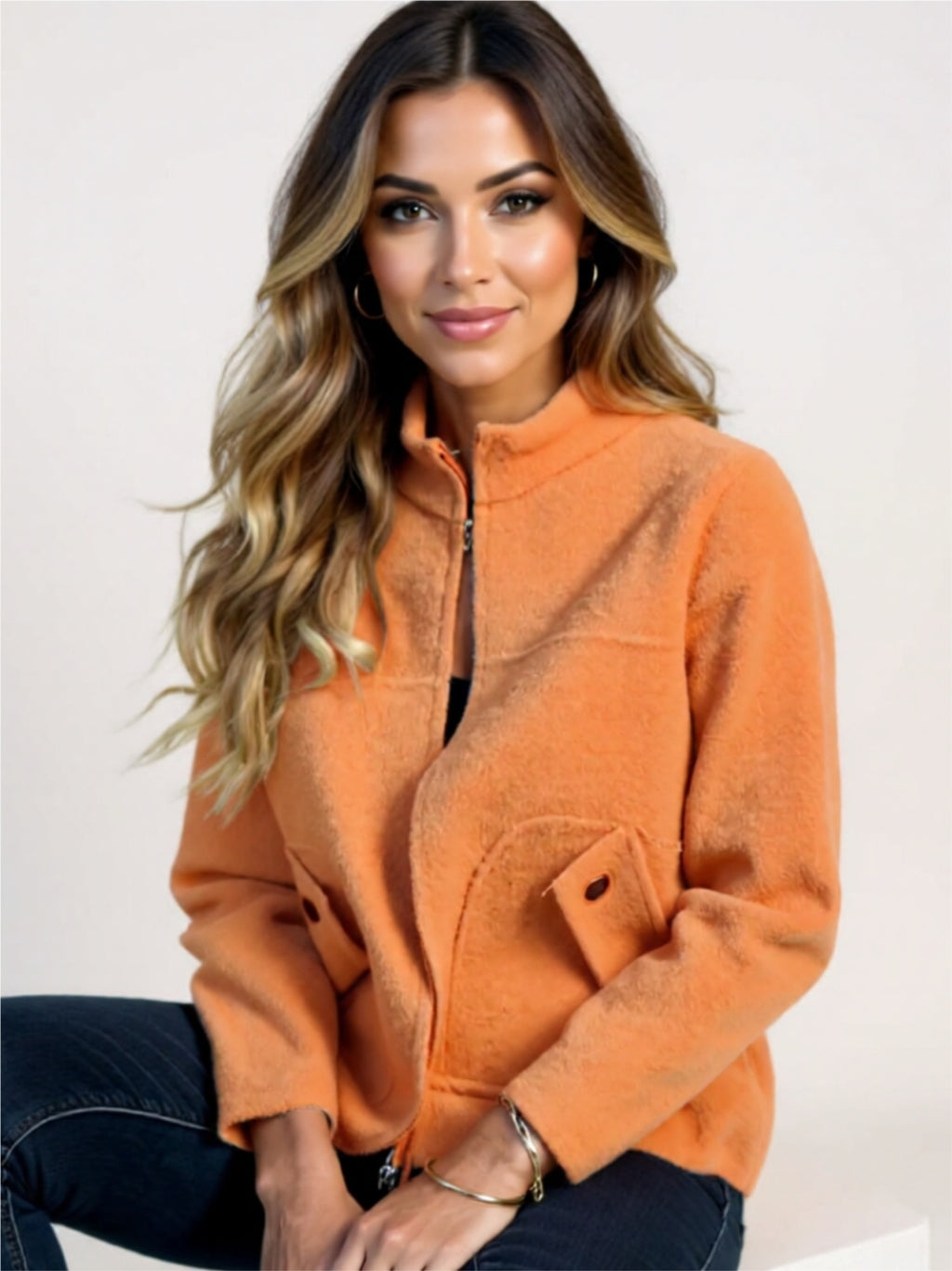 Zip-Up Wool Blend Jacket with Pockets