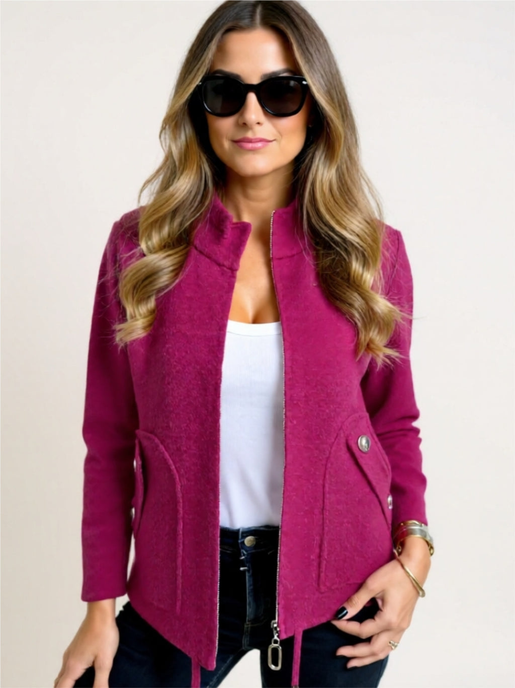 Zip-Up Wool Blend Jacket with Pockets